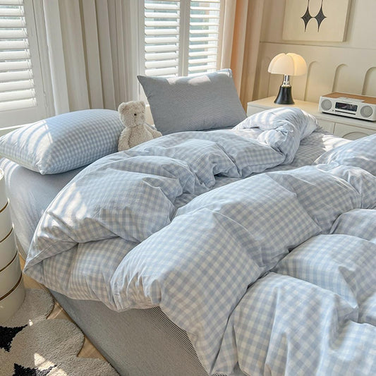 Nayoroom Blue Gingham Duvet Cover Queen Size Plaid Checkered Farmhouse Comforter Cover 3 Pcs Soft Breathable Washed Microfiber Grid Bedding Set with Pillow Shams