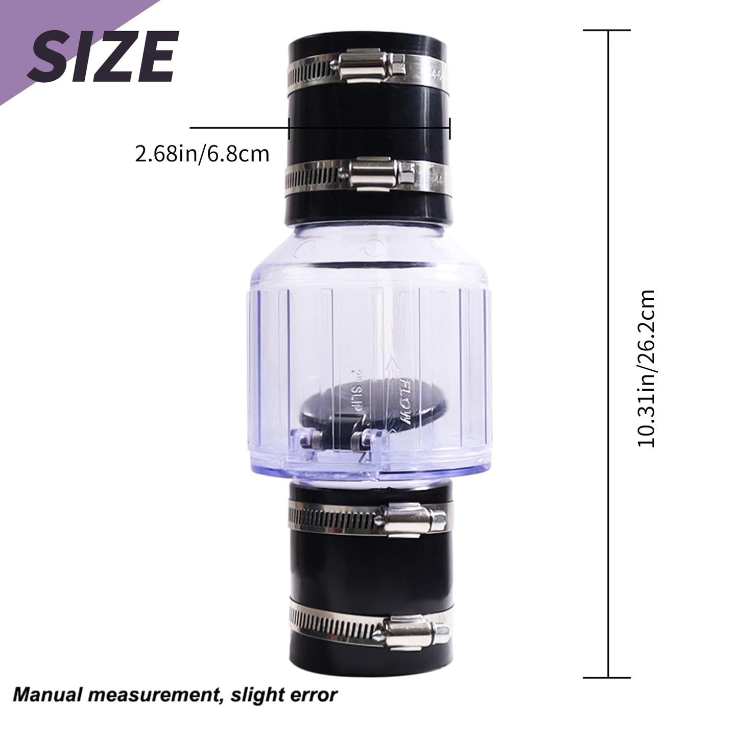 VIKKSAER 7-1/4" Gap in 2-Inch Schedule 40 PVC, 2-Inch Check Valve, Silent Sewage or Sump Pump Check Valve, Stainless Clamps Fit for Bedrooms Basements