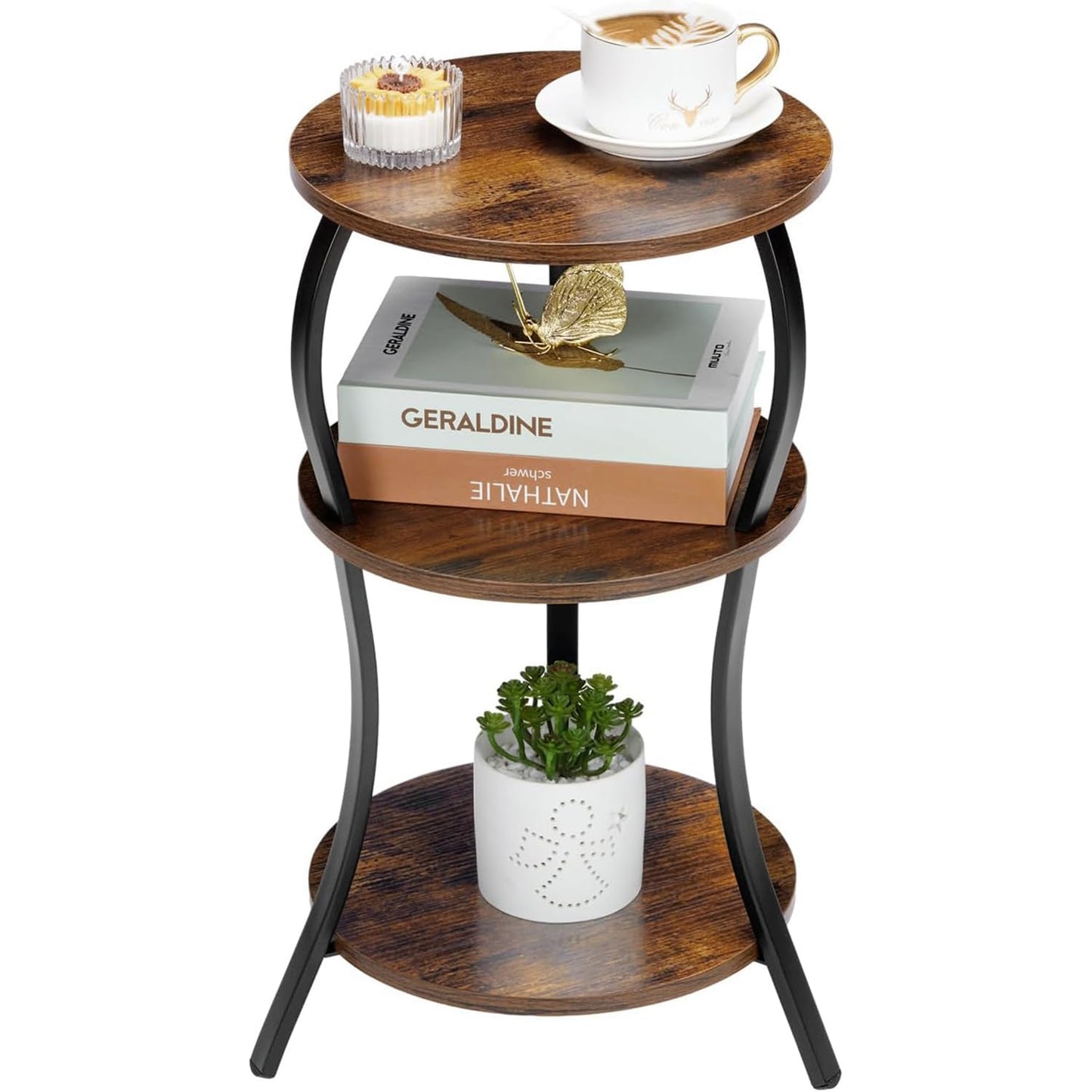 Vintage Round End Table, 3-Tier Slim Waist End Table with Storage Shelf, Small Round Table,Sofa Side Table,Small Round Vintage Table