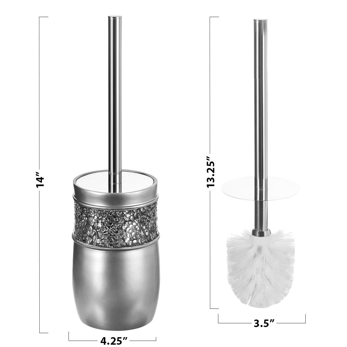 Crackled Glass Toilet Brush with Holder - Silver Toilet Bowl Cleaner Brush and Holder - Good Grip, Deep Cleaning, Decorative Design Compact Toilet Bowl Scrubber