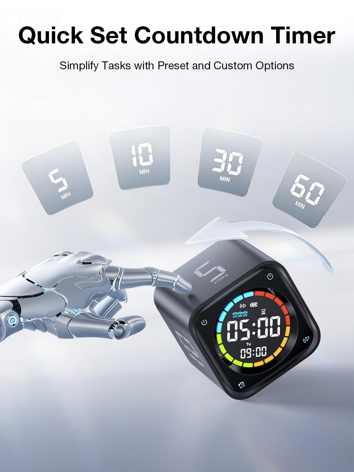 Ticktime TK3 Pomodoro Timer Cube, Productivity Timer, 5/10/30/60 Min Presets, Custom Countdown, Stopwatch & Clock, Triple Alarms, Silent/Vibration/Sound Alerts, Rechargeable for ADHD Study Task, Black