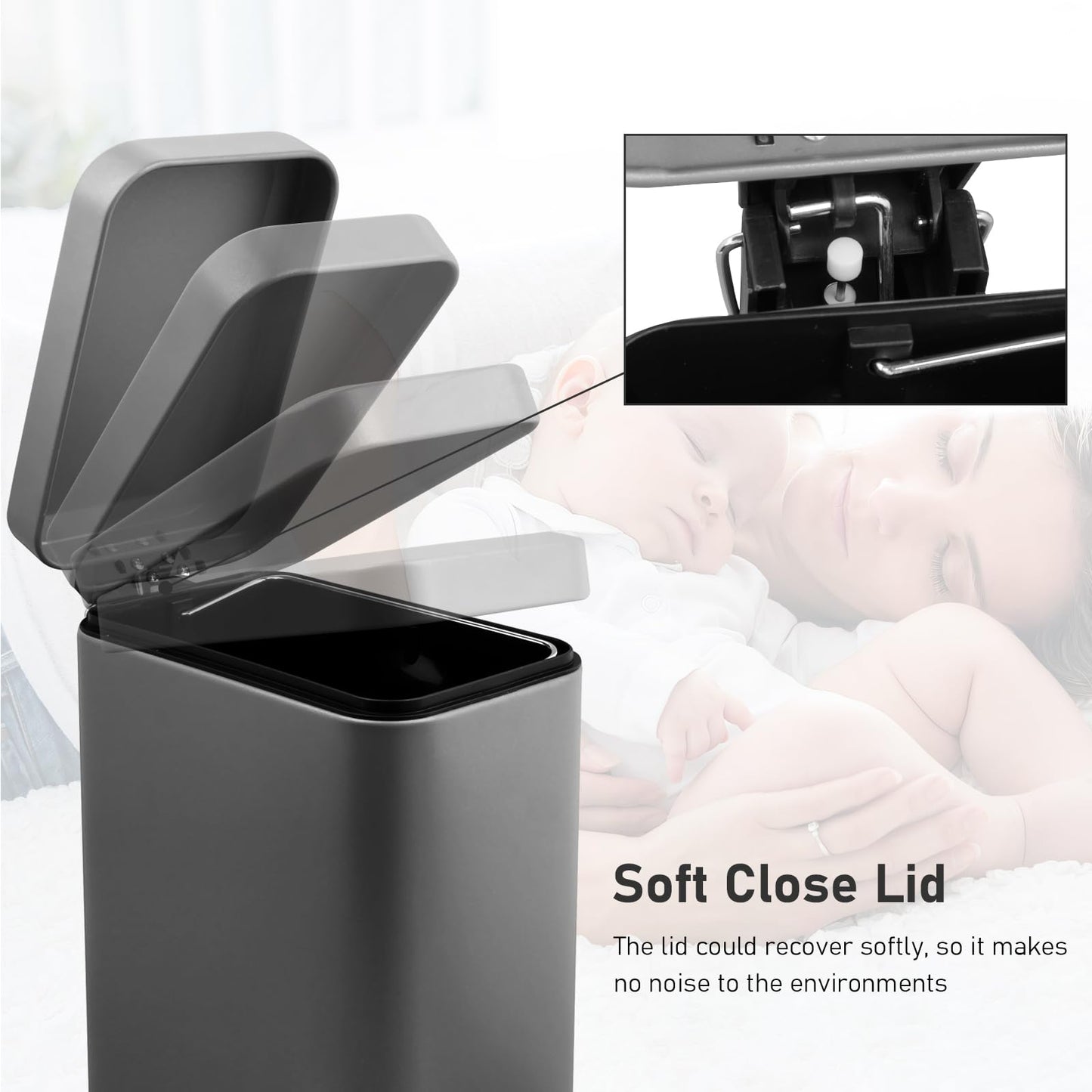 5 Liter/1.3 Gallon Slim Small Trash Can with Lid Soft Close, Stainless Steel Garbage Can for Bathroom Bedroom Office, Rectangular Step Trash Bin with Removable Inner Waste Basket (Platinum Gray)