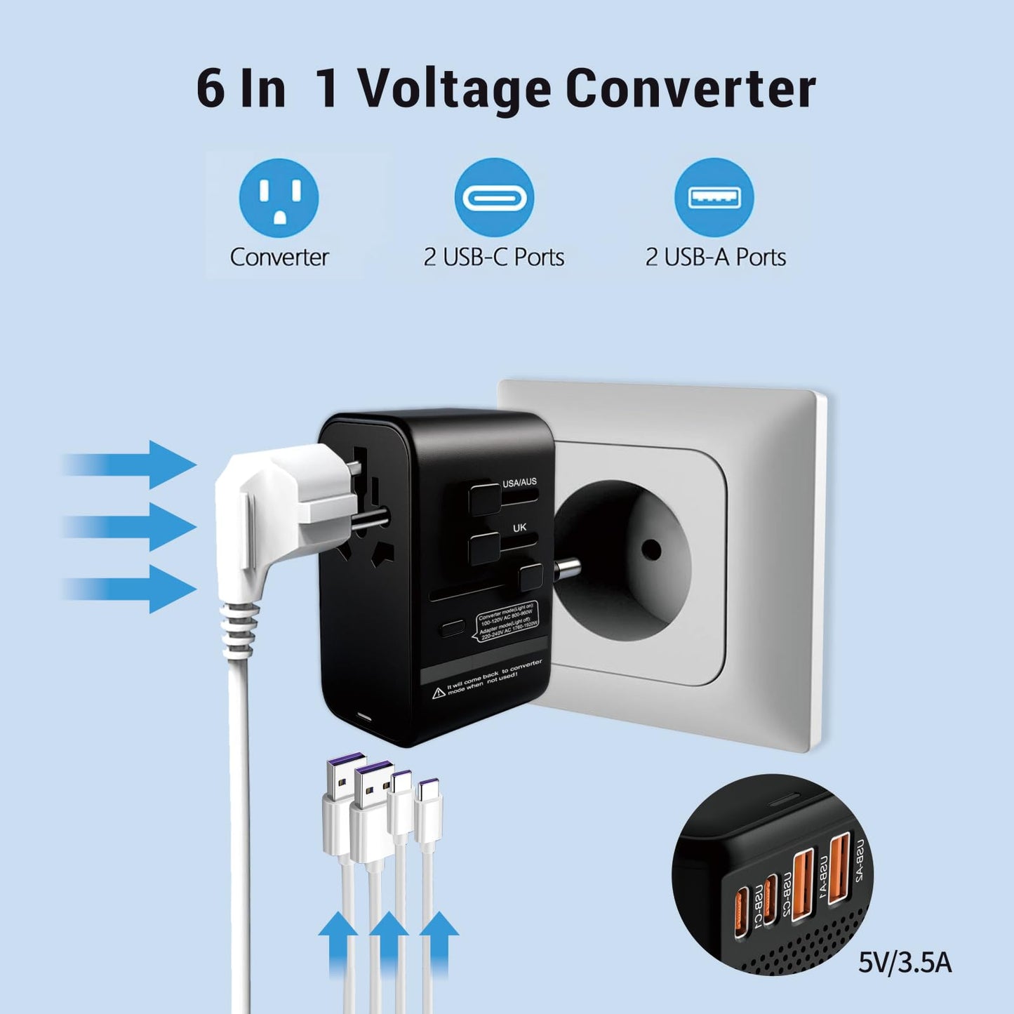 220V to 110V Converter Voltage Converter US to Europe Voltage Converter for Hair Dryer with 2 USB A and 2 USB C, European Travel Adapter Power Converter Adapter Combo from US to Italy UK AU