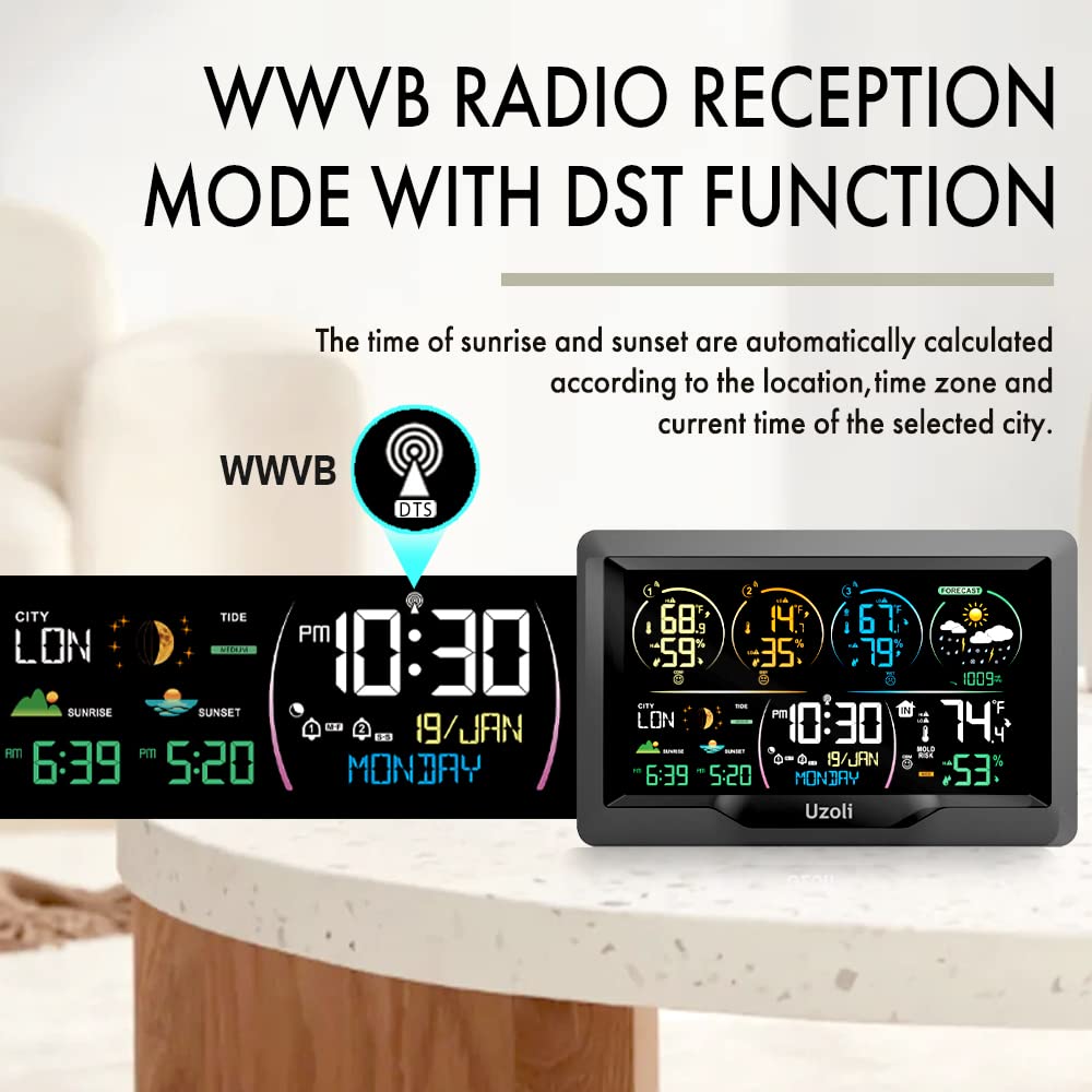 Uzoli EM3390 7.5" Weather Station, Weather Station Wireless Indoor Outdoor Thermometer, Digital Weather Stations 3 Sensors with Atomic Clock, Barometer, Moon Phase, Large Screen Monitor for Home Use