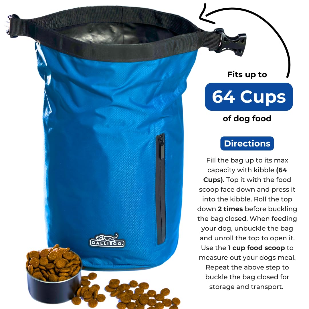Callieco Dog Food Travel Bag w/ 1 Cup Scoop and Zipper Side Pocket | Waterproof Kibble Storage Container for Home, Road Trips, Camping, Boarding and More (Blue, 64 Cups)