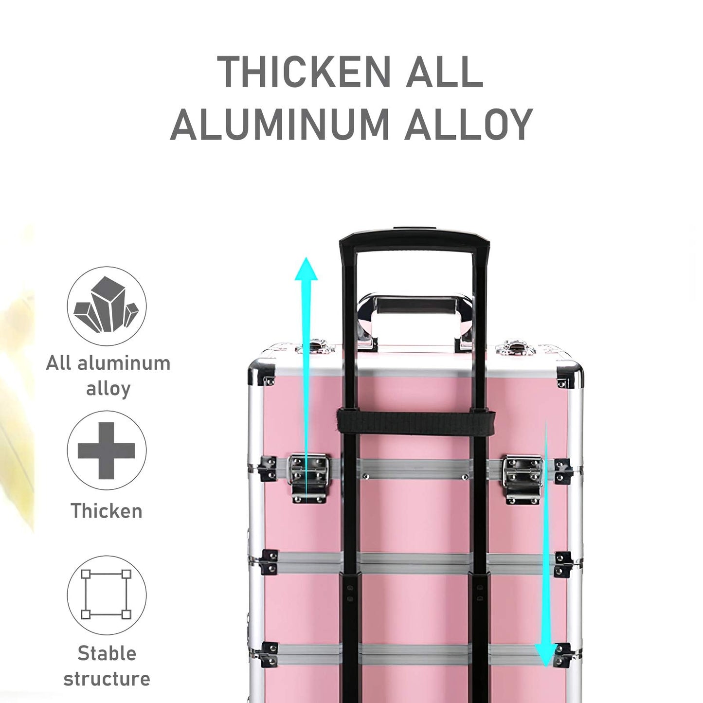 4 in 1 Rolling Makeup Case Professional Cosmetic Trolley, Aluminum Makeup Train Case with 360° Swivel Wheels, Lockable Storage Organizer for Beauty, Salon, Travel, Jewelry, Pink