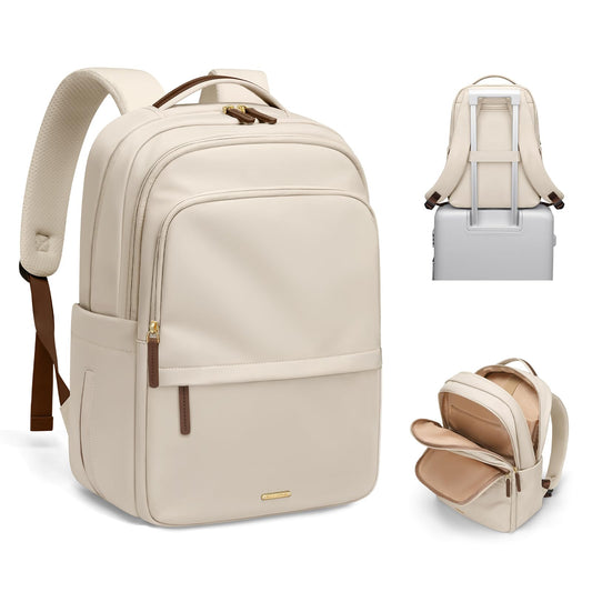 Multifunctional Laptop Backpack for Work Travel Leisure Water-Resistant Multiple Compartments Business Backpack for Women Fits 15.6 Inch Notebook (Apricot)
