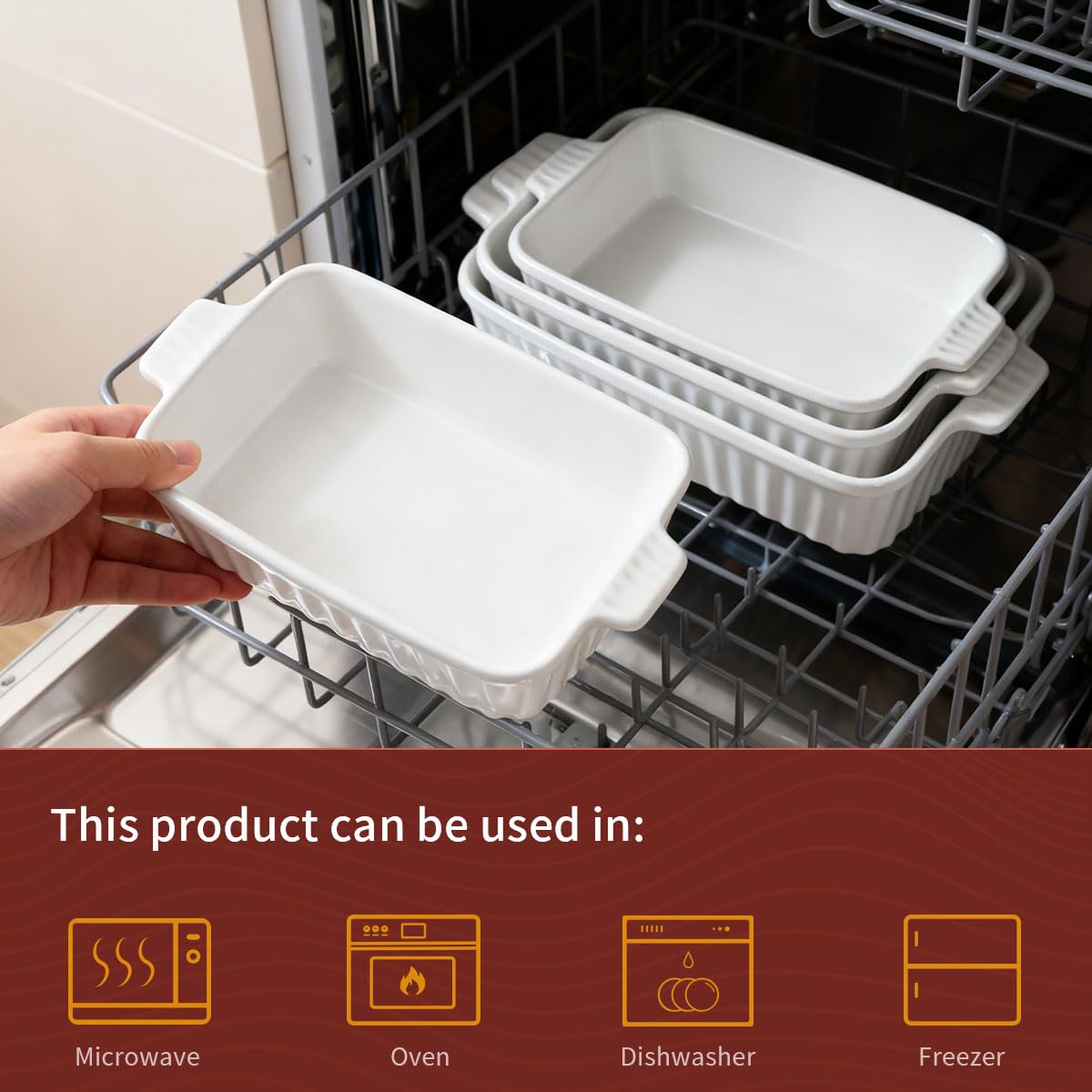 WishDeco Ceramic Casserole Dishes Set of 4, Baking Dishes for Oven, Rectangular Lasagna Pan Deep with Handles, White Porcelain Bakeware (15''/12.4''/11''/9.6''), Dishwasher Safe