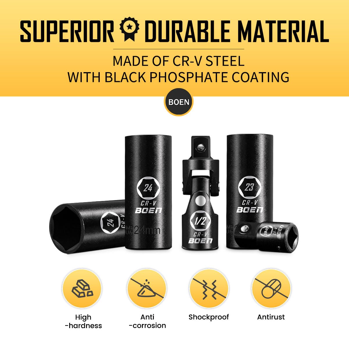 BOEN 1/2" Drive Metric Deep Impact Socket Set, 20 Piece Cr-V Steel Metric Socket Set 10mm-24mm, Includes Extension Bars, Universal Joint and Adapter, 6 Point Design, Meets ANSI Standards