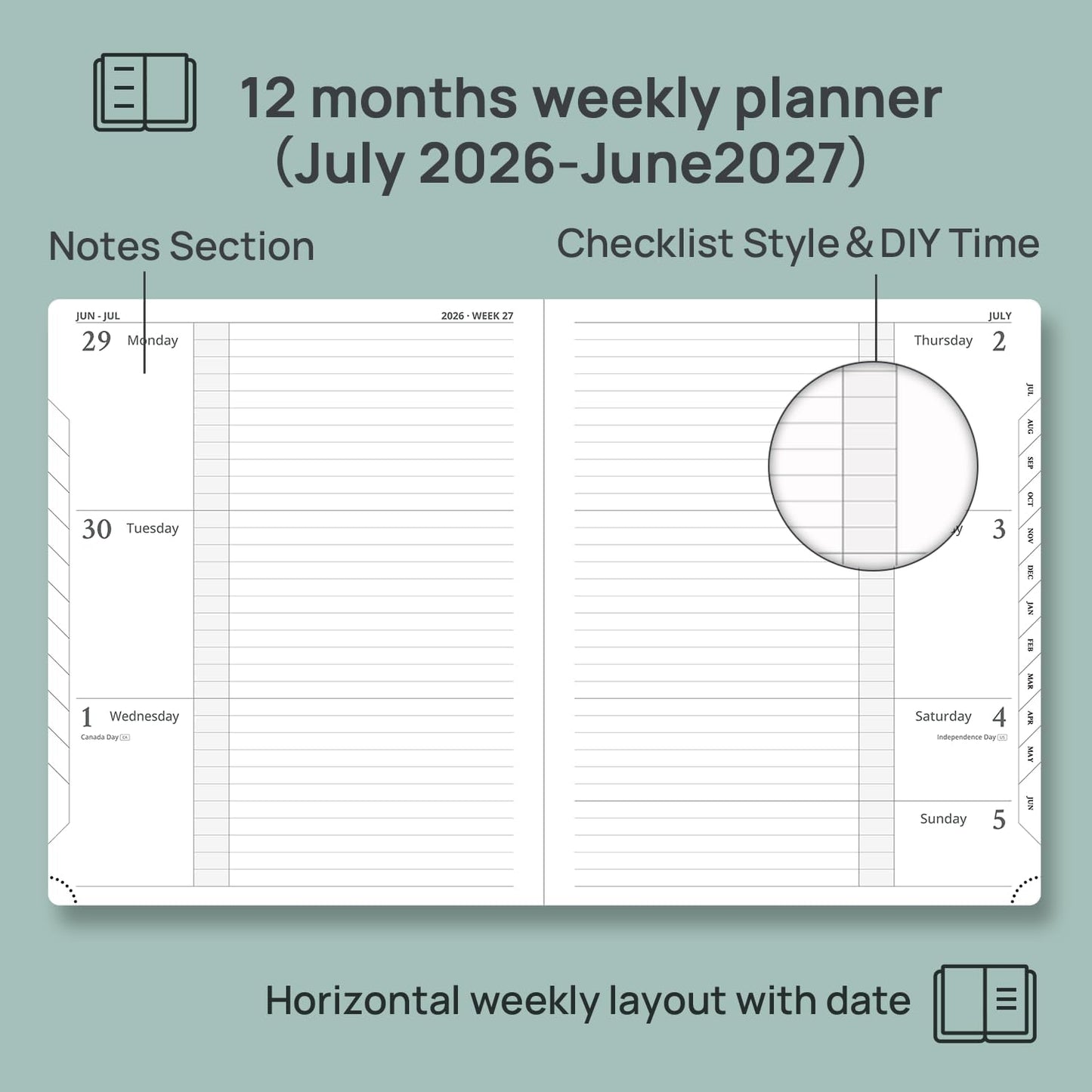 POPRUN Planner 2026-2027 (Large 8.5"x 10.5"), Horizontal Weekly Notebook Jul.2026 - Jun.2027, Academic Appointment Book with Monthly Tabs, Leather Hardcover, Inner Pocket - Navy Blue