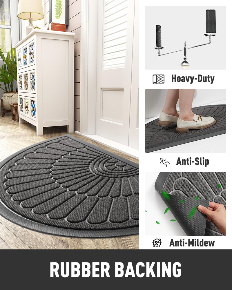 Front Door Mat Outdoor Indoor Welcome Mat-Semicircular 60X90CM Non Slip Heavy Duty Rubber Doormat-Absorbent Entryway Rug Entrance Doormat Entry Rug Dirt Scraping Shoe Mat Grey