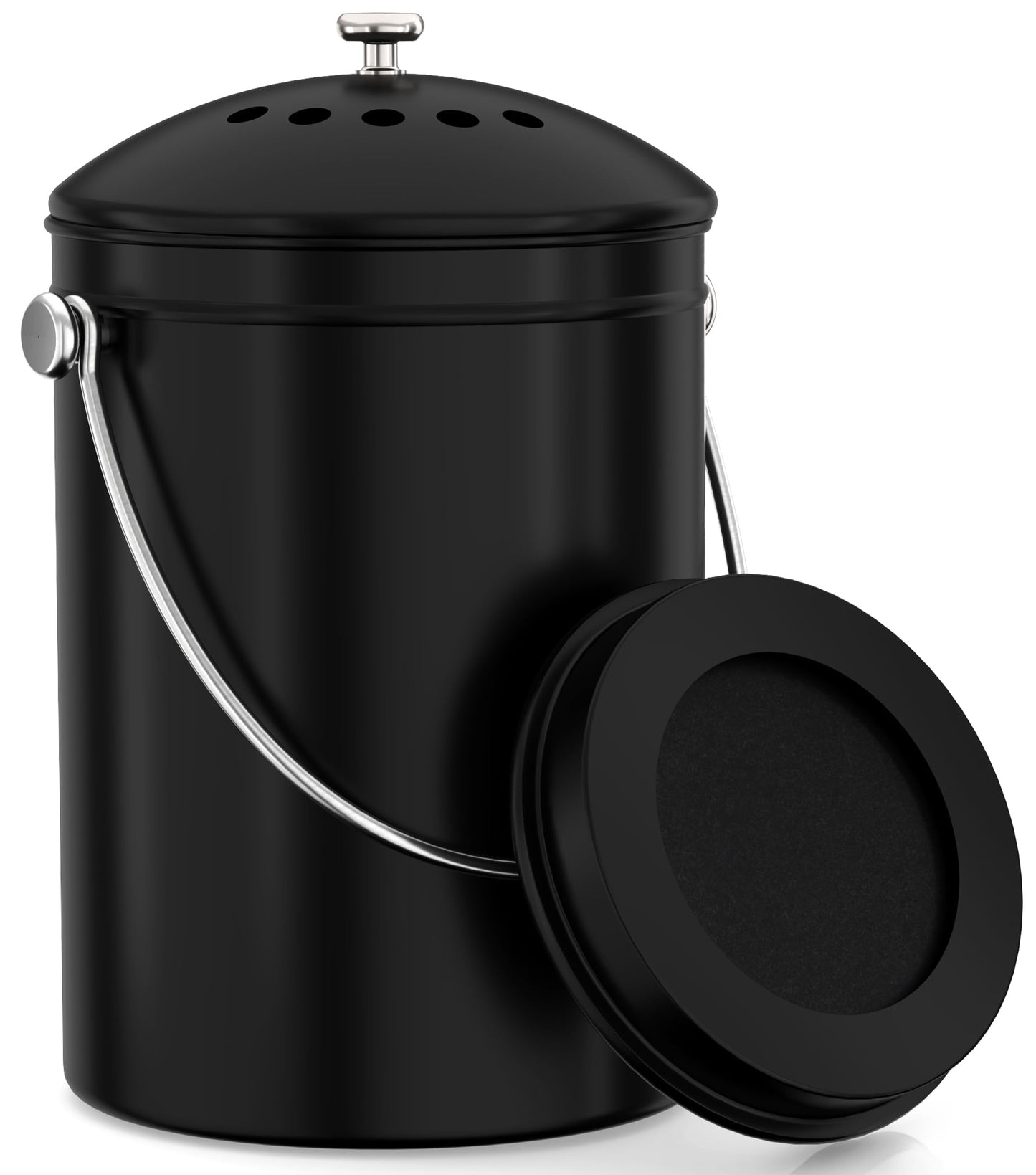 KICHLY Compost Bin, Stainless Steel Bin for Kitchen Countertop, 1.3 Gallon Composting Bucket, Compost Pail with Lid, Includes 1 Spare Charcoal Filter, Black