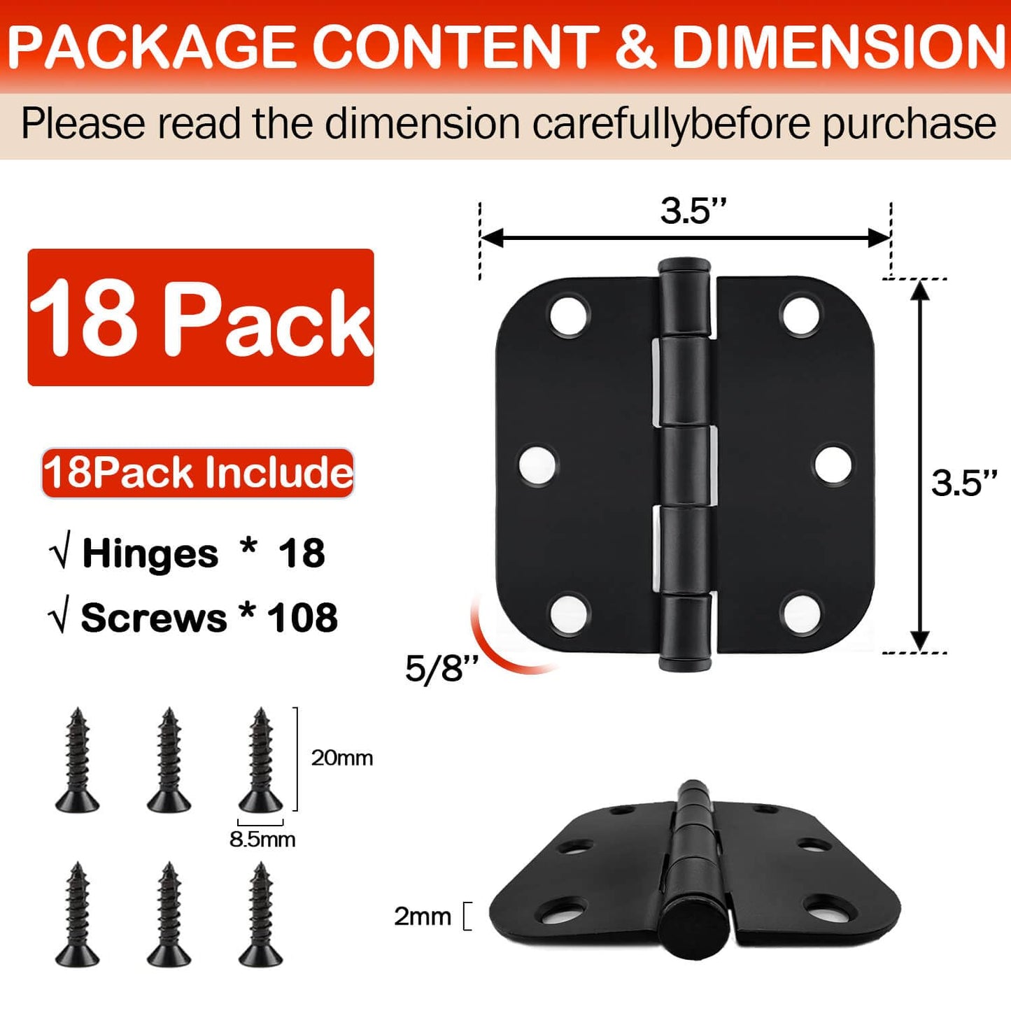Door Hinges for 3.5 Inch Interior Matte Black Hinges for Rounded 5/8 Radius Bedroom Office Hallway Indoor/Interal Door Hardware Black Door Hinges 18 Pack