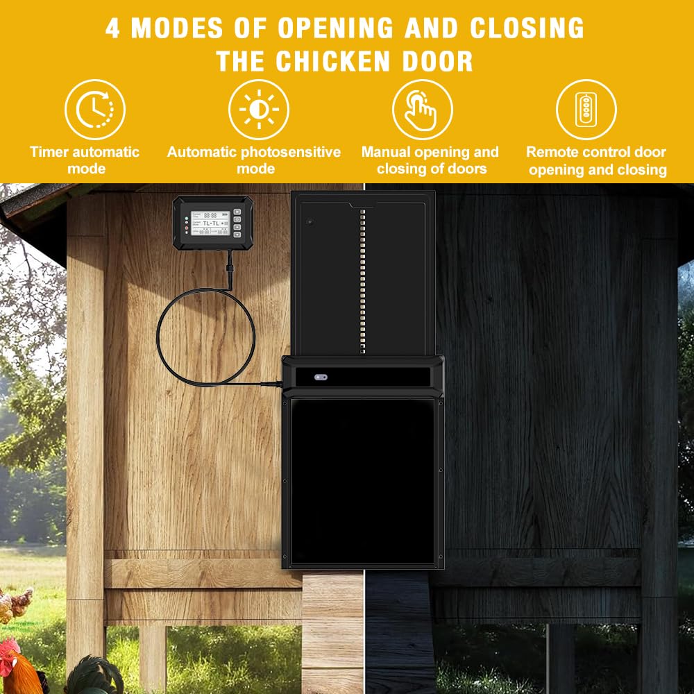 Large Size Automatic Chicken Coop Door Solar Powered Chicken Door with Independent LCD Display and Remote Control, Anti-Pinch & Aluminum Alloy Weather Proof Electric Coop Accessories with 4 Modes