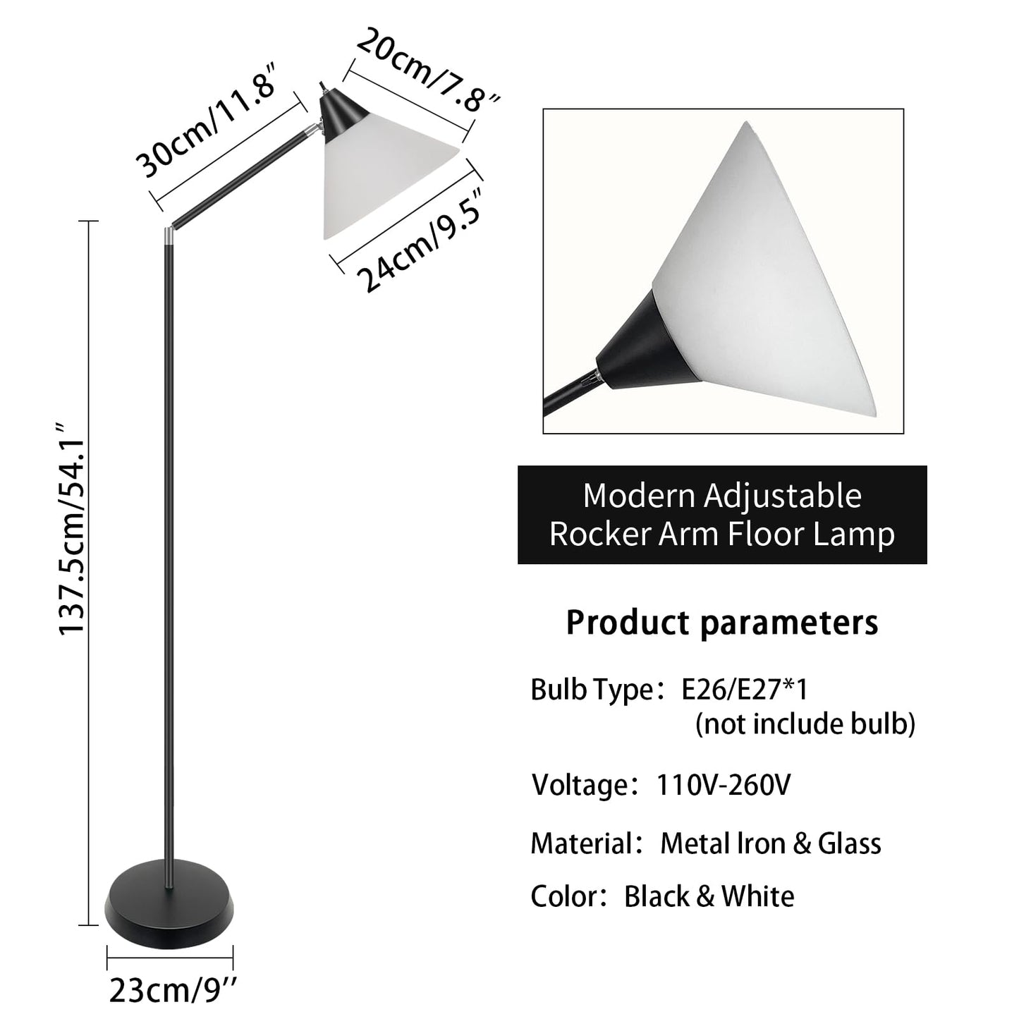 HonoDing Modern Floor Lamp for Living Room, Adjustable Height Standing Lamps, 360° Adjustable Head Arcylic Shade Floor Lamps, Corner Lamps for Bedroom, Office, Reading (Black)