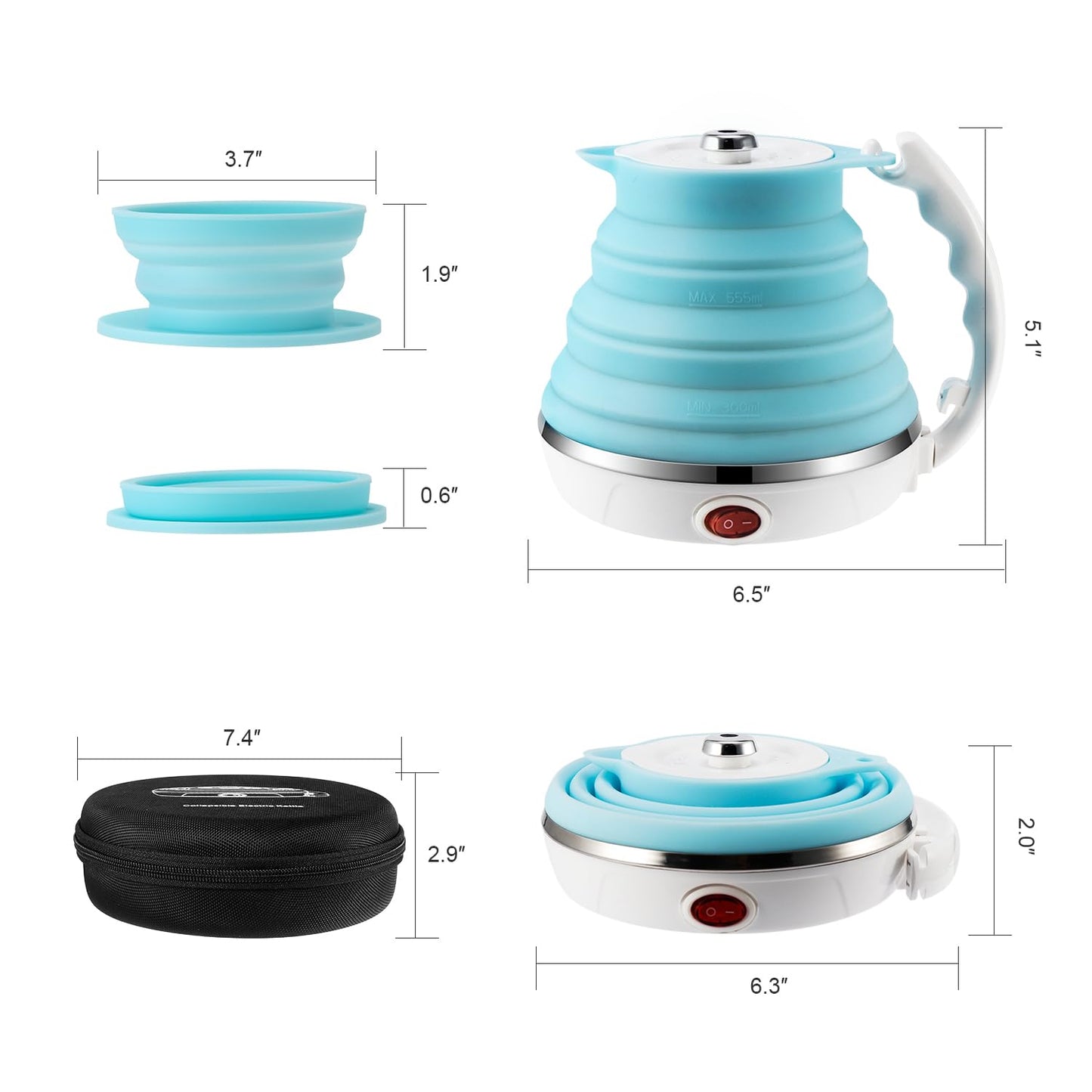 Travel Foldable Electric Kettle Portable Food Grade Silicone Collapsible Kettle 110-220V US Plug, 555ML Hot Water Boiler & Camping Silicone Collapsible Pour Over Coffee Dripper Paperless Coffee Filter