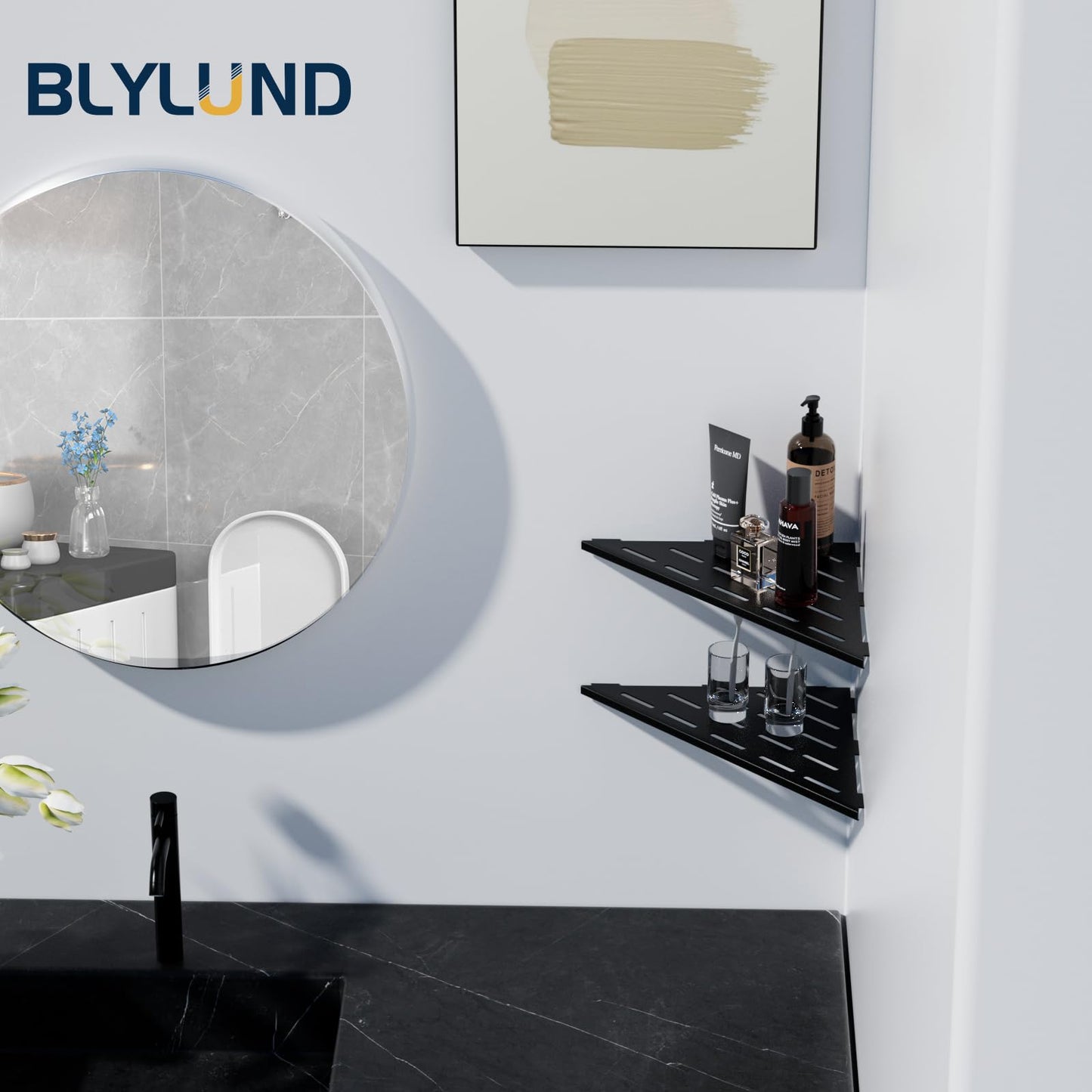 BLYLUND Corner Shower Shelves 10" 2 Pack, Steel Recessed Corner Shelf Stainless Steel Bathroom Shelf Rack for Tiled Wall, No Drilling Needed, Matte Black