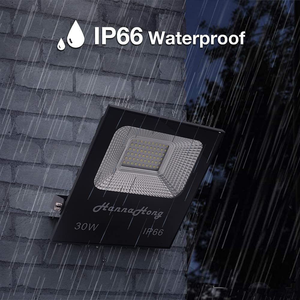 30W LED Super Bright Flood Security Work Lights,with ON/Off Switch,US-3 Plug,5 ft Cable,3600 Lumen 6000K Cool White IP66 Waterproof,Outdoor for Garage Garden Lawn Playground Yard,Yoke Mount,2 Pack