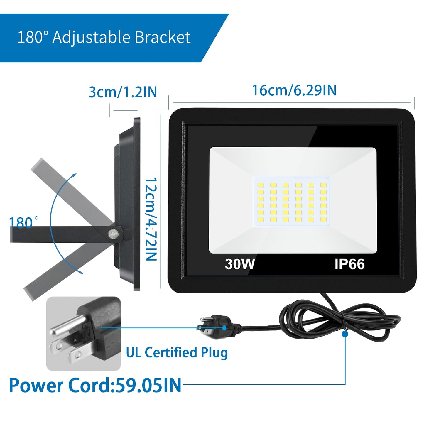 30W Flood Light Outdoor, 3000lm LED Flood Light IP66 Waterproof Plug in Outdoor Lights 6500K 2Pack Work Light for Yard Garden Stadium Garage Playground
