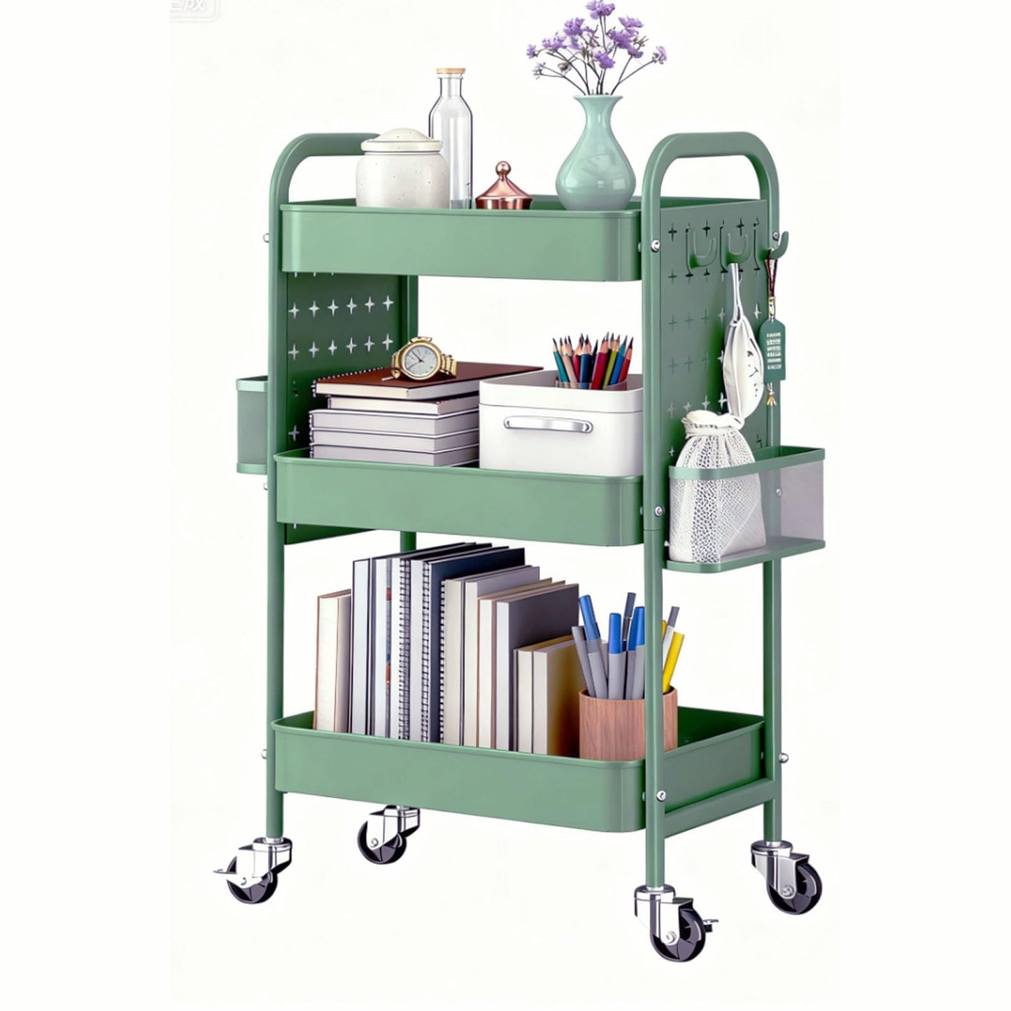 3 Tier Rolling Cart Storage Organizer,Heavy Duty Mesh Rolling Storage Cart Organizer，Metal Utility Cart with Wheels Baskets Hooks Pegboards,Craft Cart for Kitchen,Bathroom,Living Room,Office（Green）