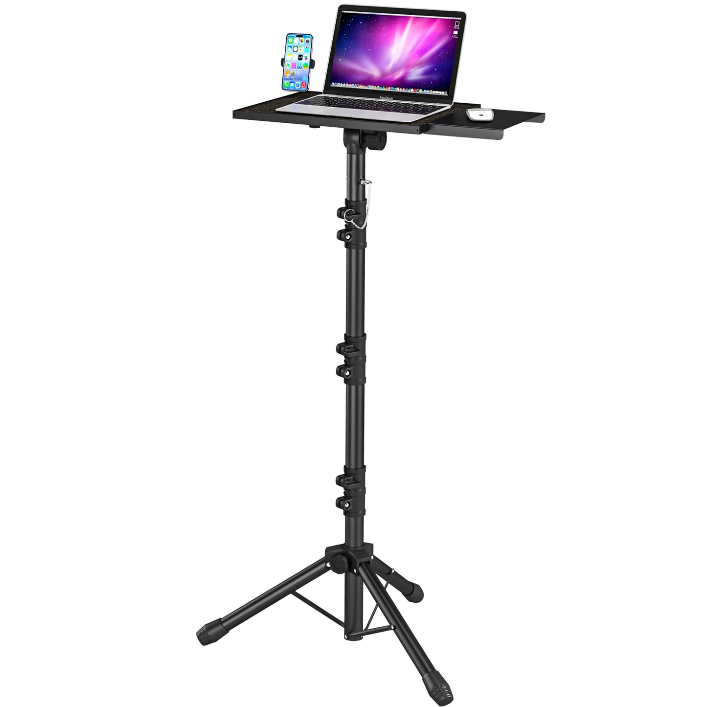DECOSIS Tall Projector Stand with Removable Mouse Tray, Laptop Tripod Stand from 23.5"-63.5" Adjustable with Gooseneck Phone Holder, Stand for Office, Home, Stage, Studio, DJ Racks Musical Instrument