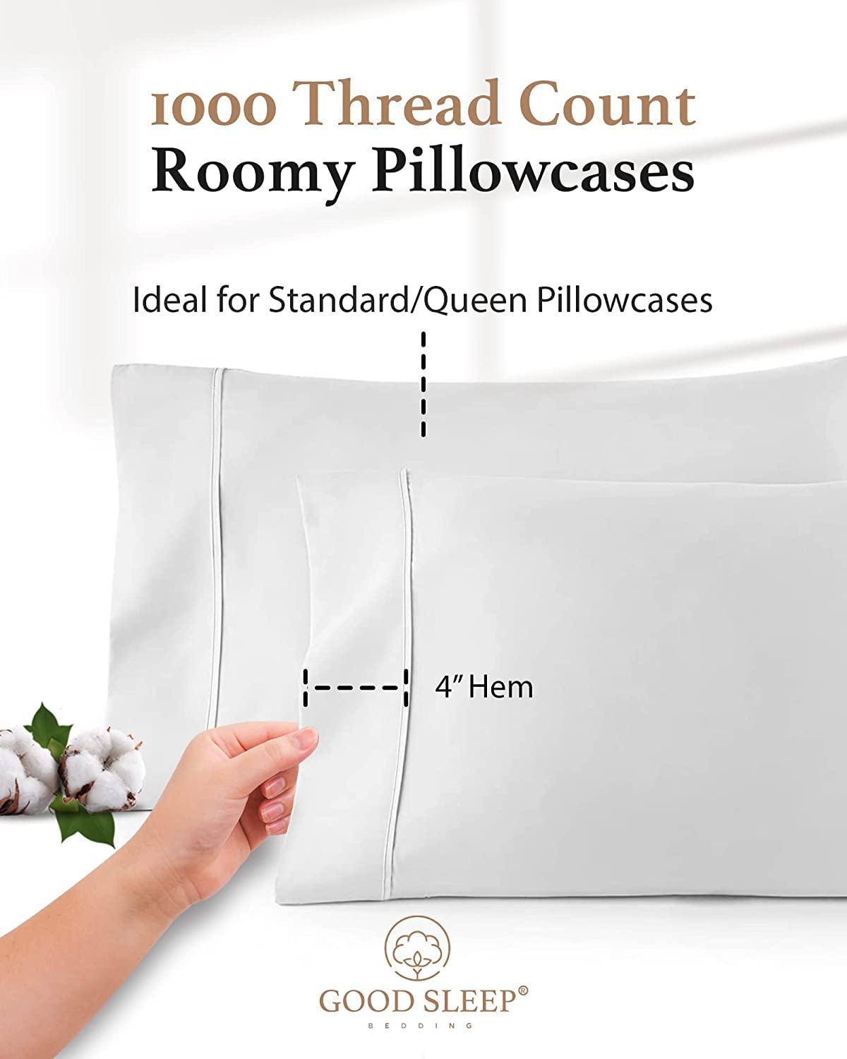 Good Sleep Bedding Pillow Case - 100% Egyptian Cotton Pillow Covers, 1000 TC Pillow Cases Queen Size 4 Pack, Comfy Pillow Cover, Sateen Weave Queen Pillow Case, Soft Pillow Cases, White Pillow Cases