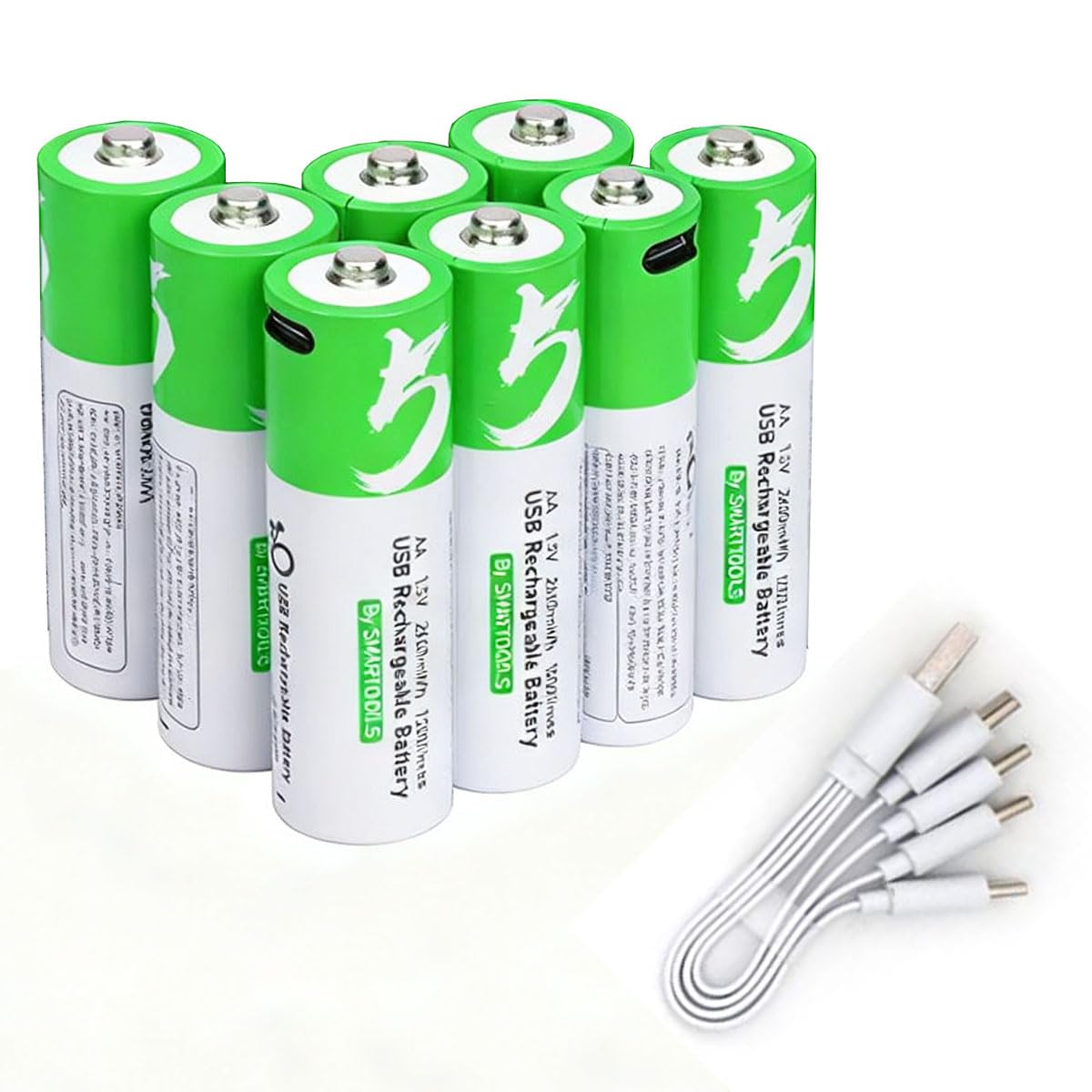 USB AA Lithium-ion Rechargeable Batteries, 1.5V 2600mWh Capacity, Fast 1.5h Charging, 1200 Cycle Life, Type-C Cable Included, 8-Pack