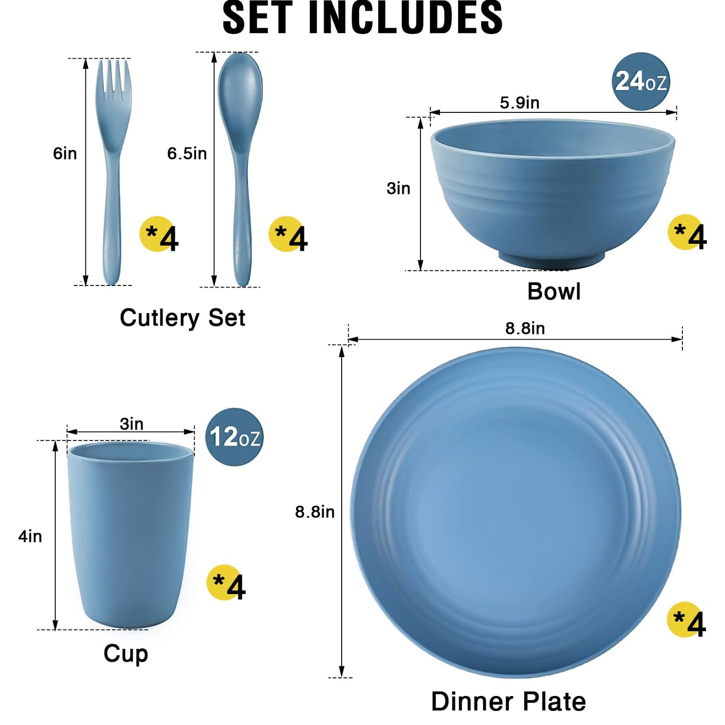 20 PCS Wheat Straw Dinnerware Set for 4 - Unbreakable Plates, Bowls, Cups & Cutlery - Microwave/Dishwasher Safe for Camping & Outdoor - Coastal Color