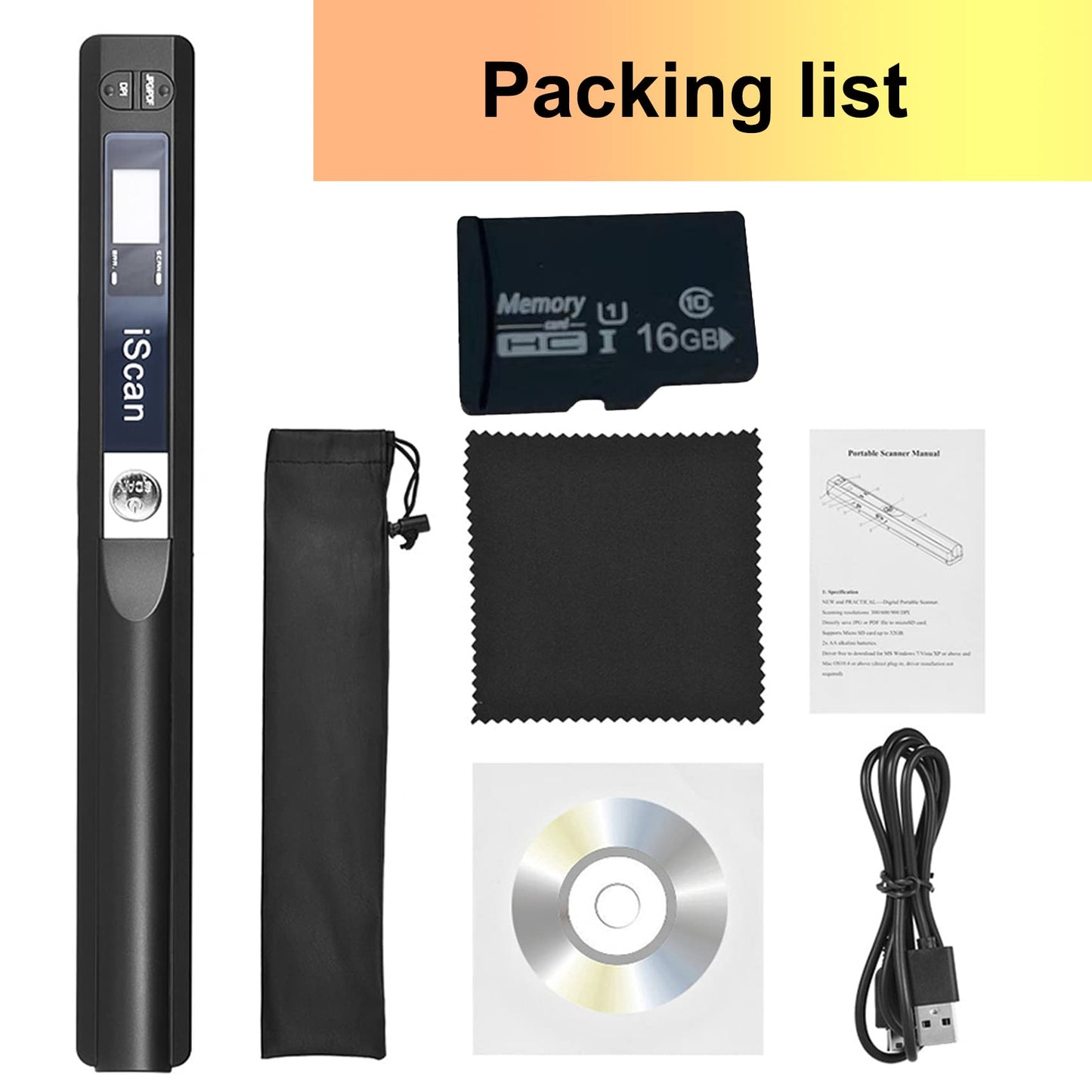 AUTENS Portable Handheld Scanner Included 16G SD Card, Wand Scanner for A4 Documents Pictures Pages Texts Receipts Books Up to 900DPI, JPG/PDF Format Selection, Uploads Via USB Cable, No Driver