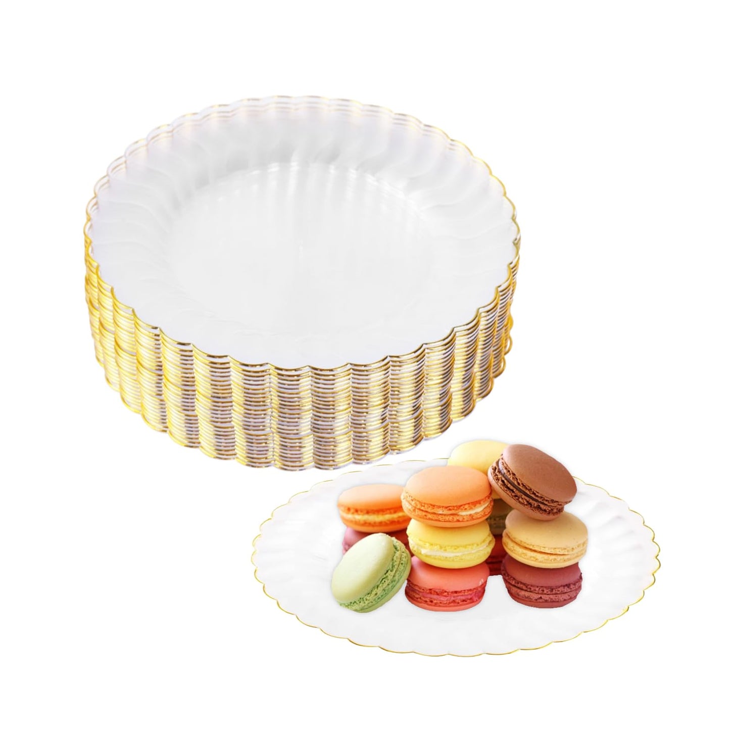 Auch 50 Pack 6 Inch Clear Plastic Plates Gold Rim, Disposable Heavy Duty Salad Dessert Plates- Premium Hard Plastic Plates Fancy Disposable Clear Plates for Weddings, Parties and Events (50 Pack)