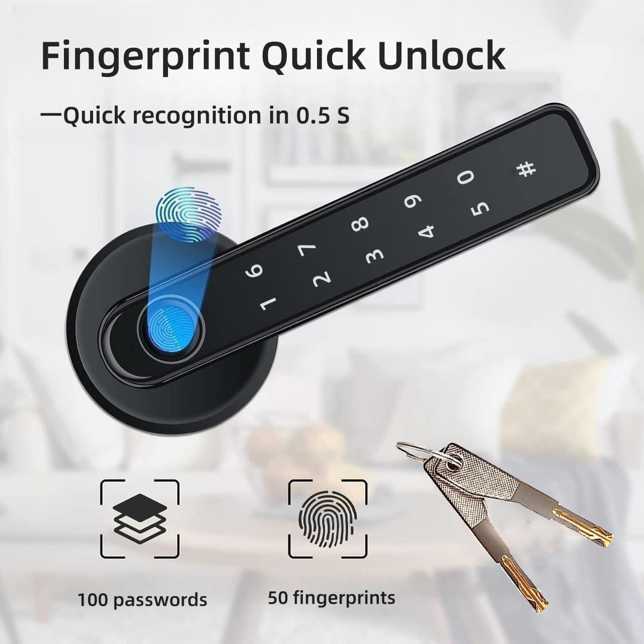 Smart Lock - Smart Door Lock 5 in 1, Keyless Entry Door Knob with APP/IC Card/Digital Code/Backup Keys/Fingerprint, Electronic Keypad Lock Remote APP Control, Reversible Handle