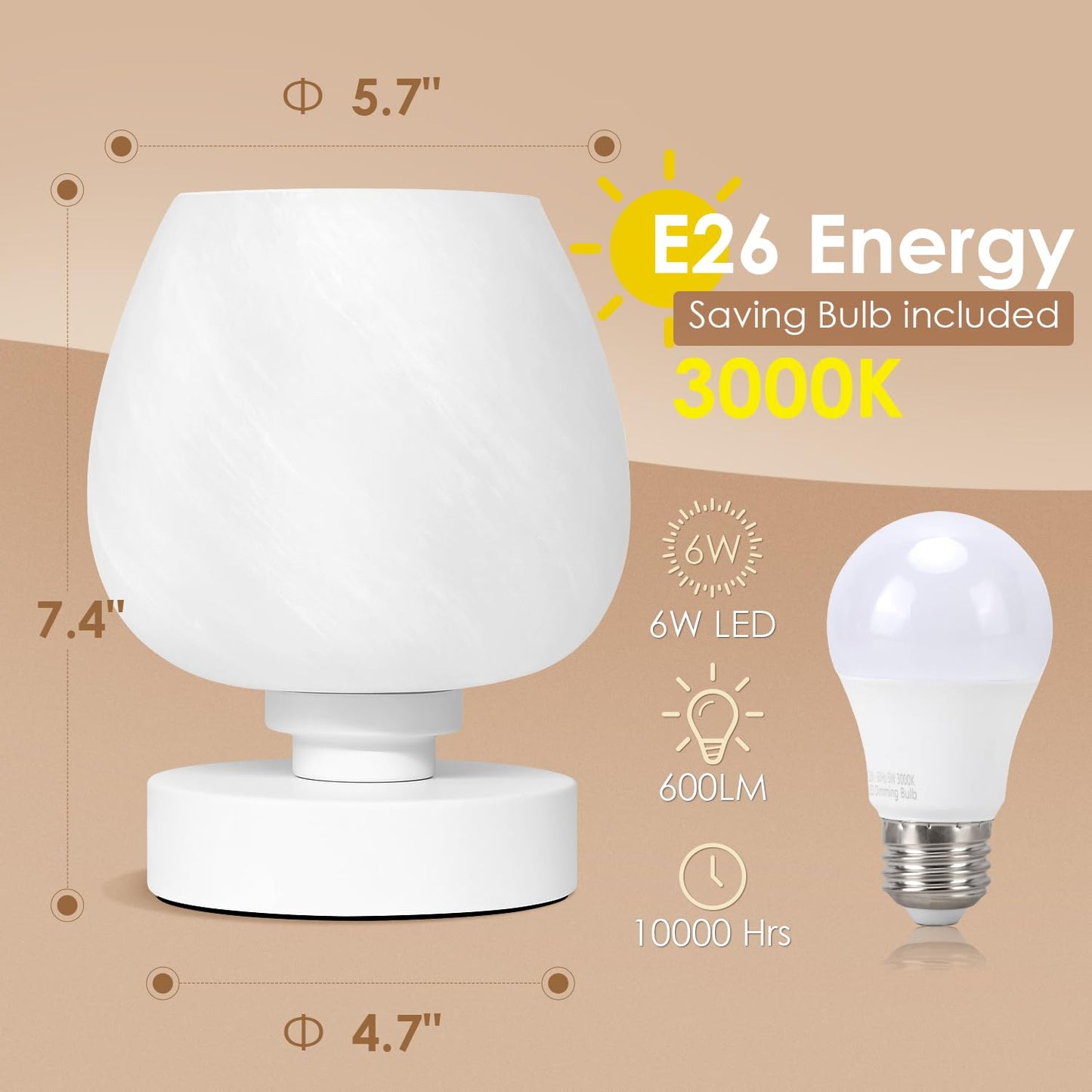 Touch Bedside Table Lamp - Modern Small Lamp for Bedroom Nightstand, 3 Way Dimmable Desk Lamps with White Opal Glass Shade, Night Light for Room Decor, Simple Design Gifts(Warm White Bulb Included)