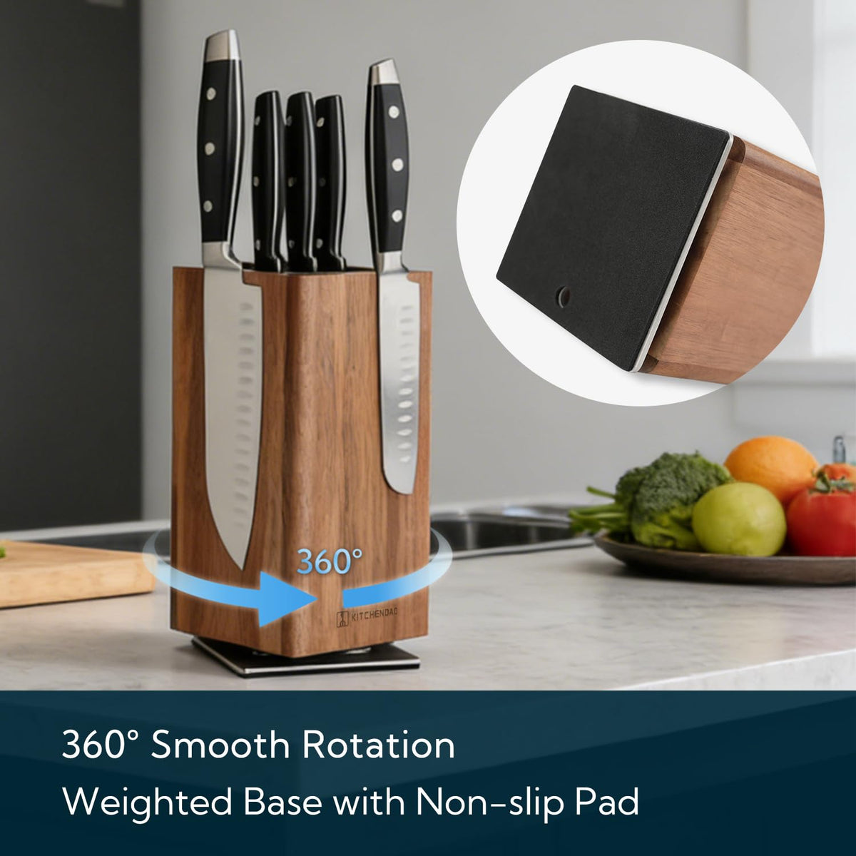 KITCHENDAO Magnetic Knife Block Without Knives, 360° Rotatable Acacia Wood Knife Holder, Large Knife Storage with Magnet for Knives & Utensils, Kitchen Countertop Organizer
