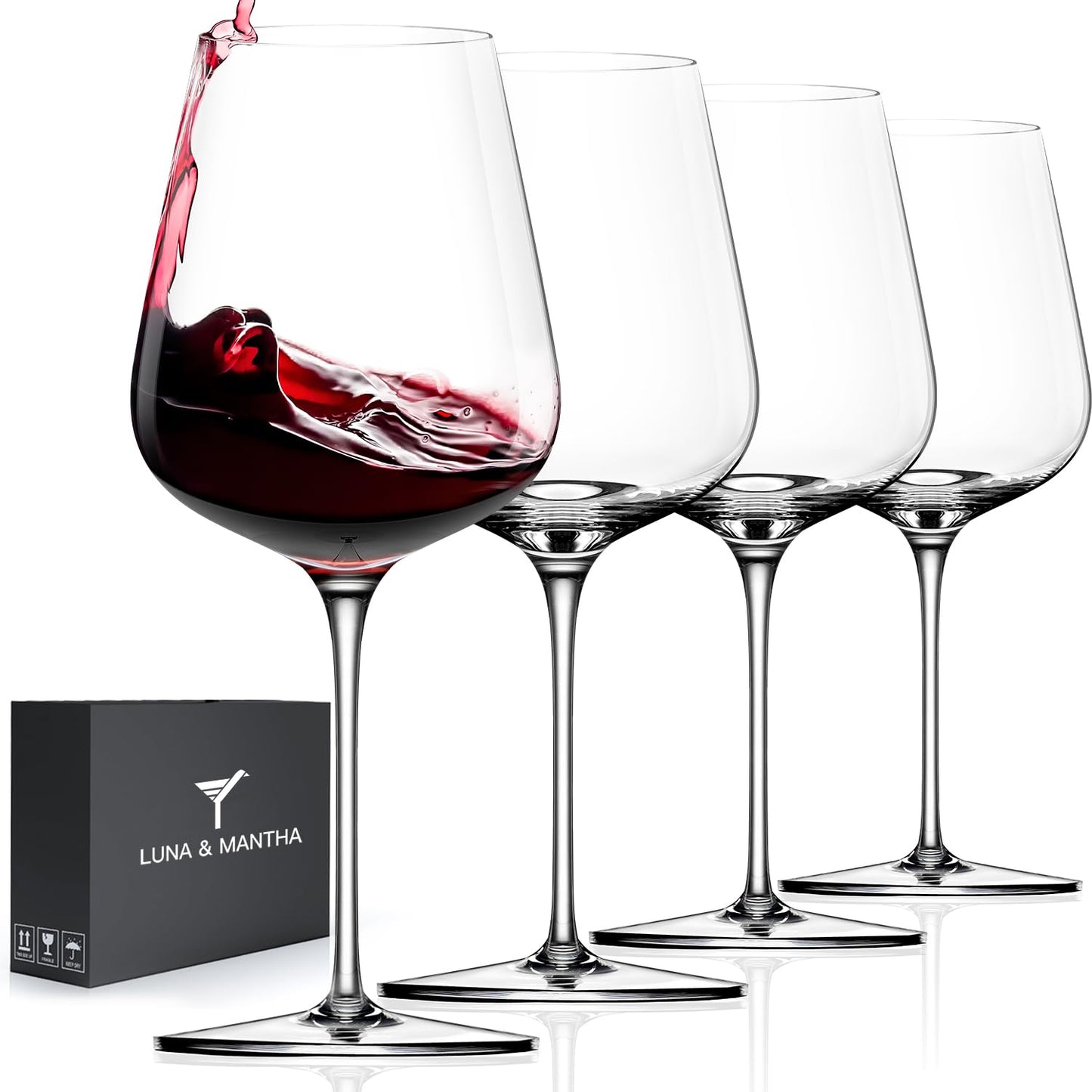 LUNA & MANTHA Red Wine Glasses Set of 4, Crystal Wine Glasses with Stem, Hand Blown 17oz, Perfect for Red White Gift Packaging for Daily Use, Wedding, Birthday