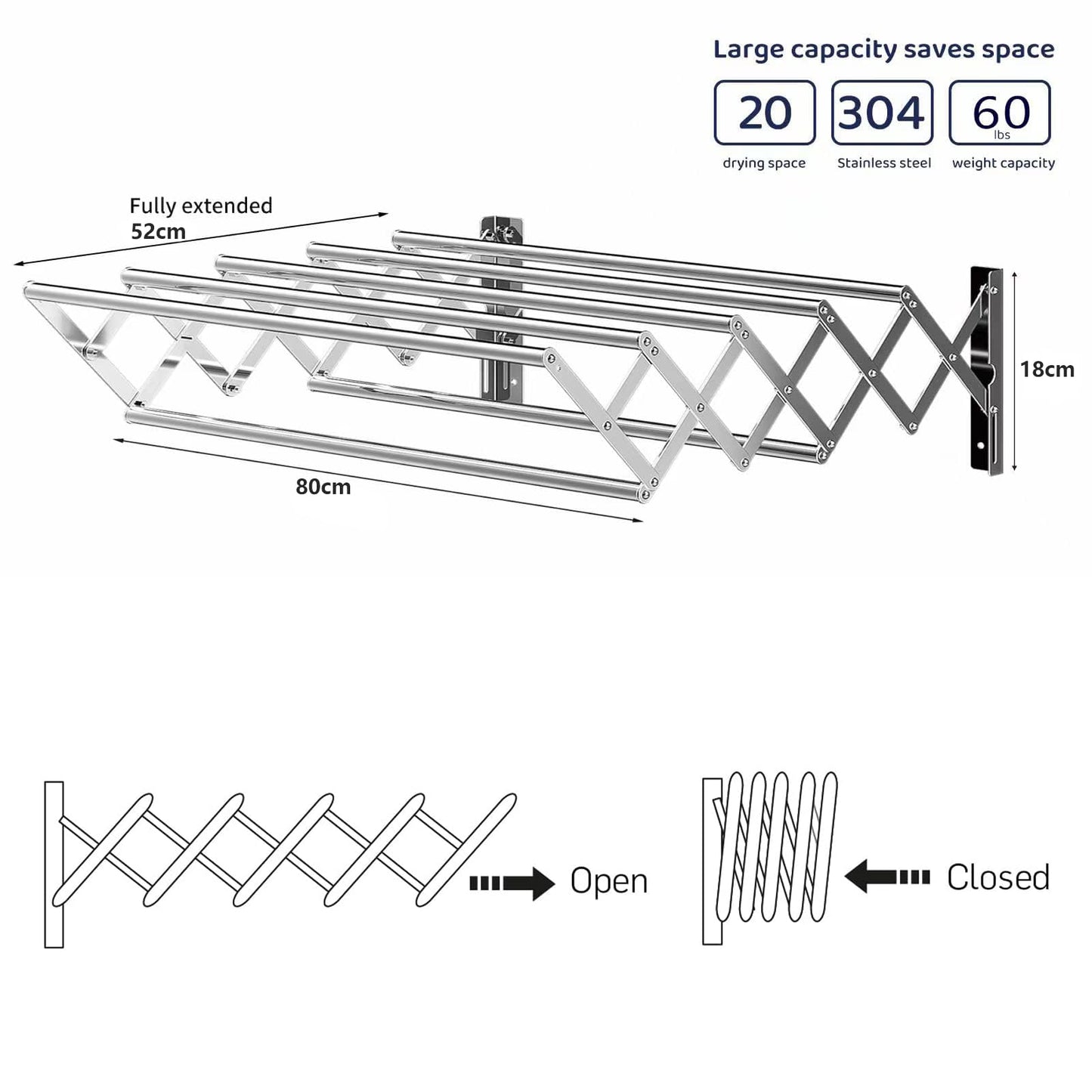Guvarog 80cm Clothes Drying Rack Wall Mounted Clothes Drying Racks for Laundry Stainless Steel Retractable Clothing Drying Rack Foldable Seche Etendoir Linge Rustproof Accordion Cloth Drying Rack