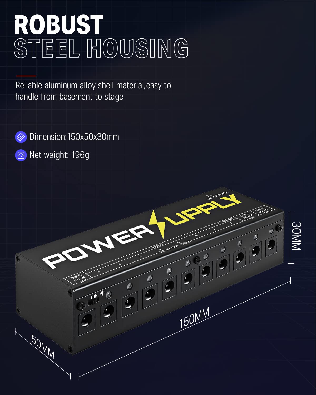 Donner DP-1 Effect Pedal Power Supply 10 Isolated DC Output for 9V/12V/18V Pedal With Blue LED Indicator