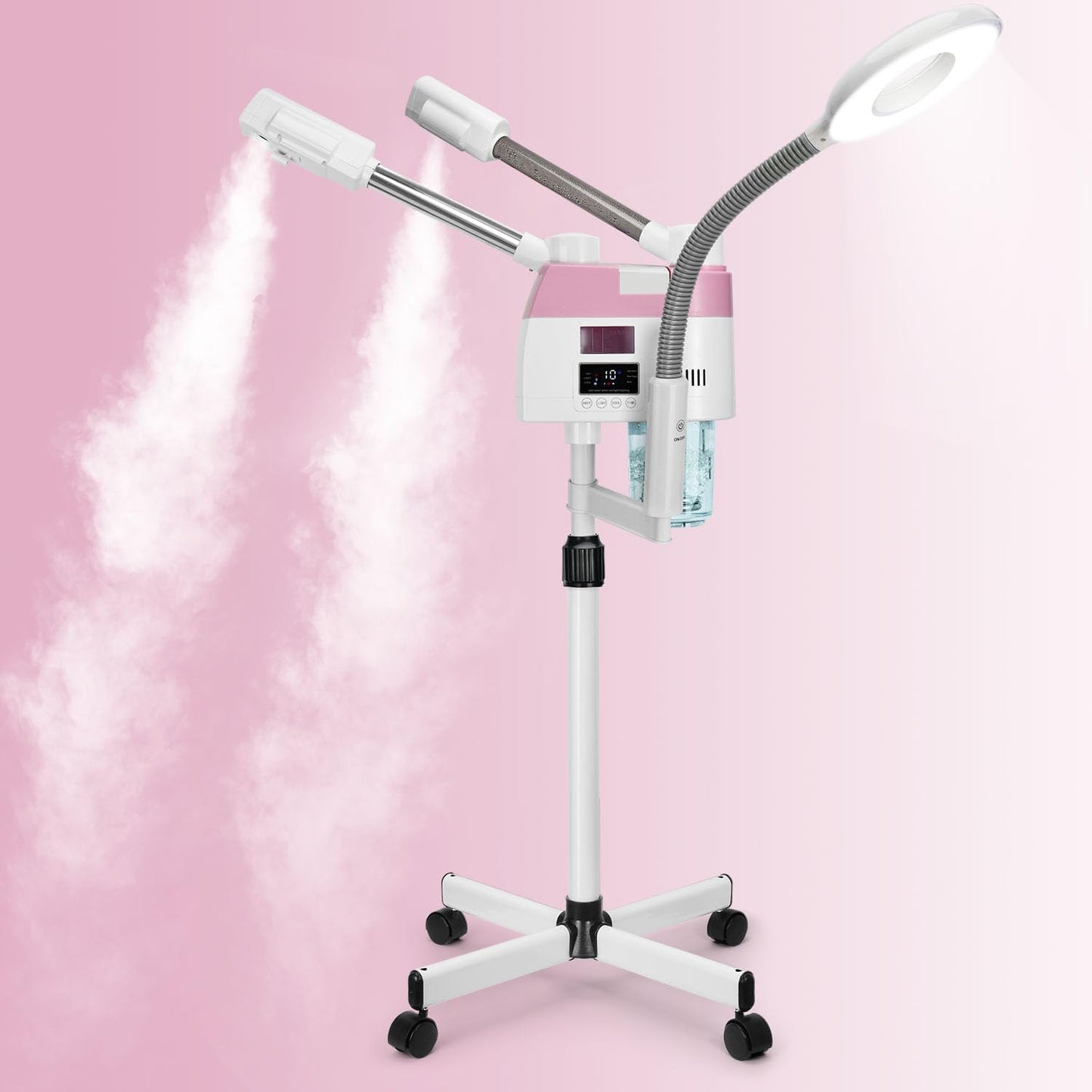 Professional Facial Steamer, 3 in 1 Facial Steamer with 5X Magnifying Lamp Hot&Cool Mist, Esthetician Steamer on Wheels, Stand Face Steamer with Time Setting for Home Salon Spa