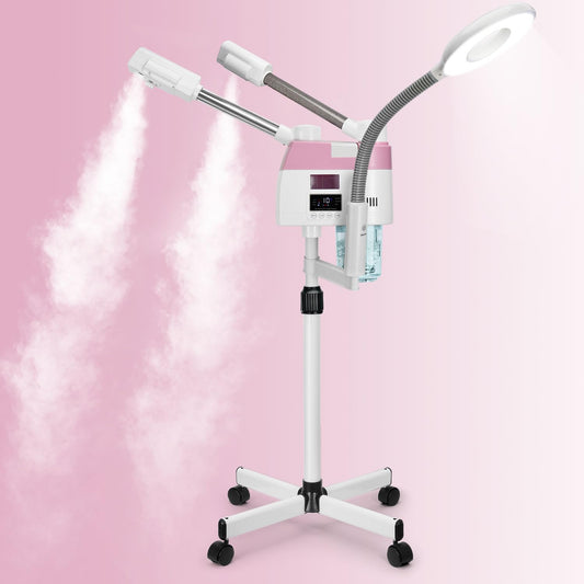 Professional Facial Steamer, 3 in 1 Facial Steamer with 5X Magnifying Lamp Hot&Cool Mist, Esthetician Steamer on Wheels, Stand Face Steamer with Time Setting for Home Salon Spa