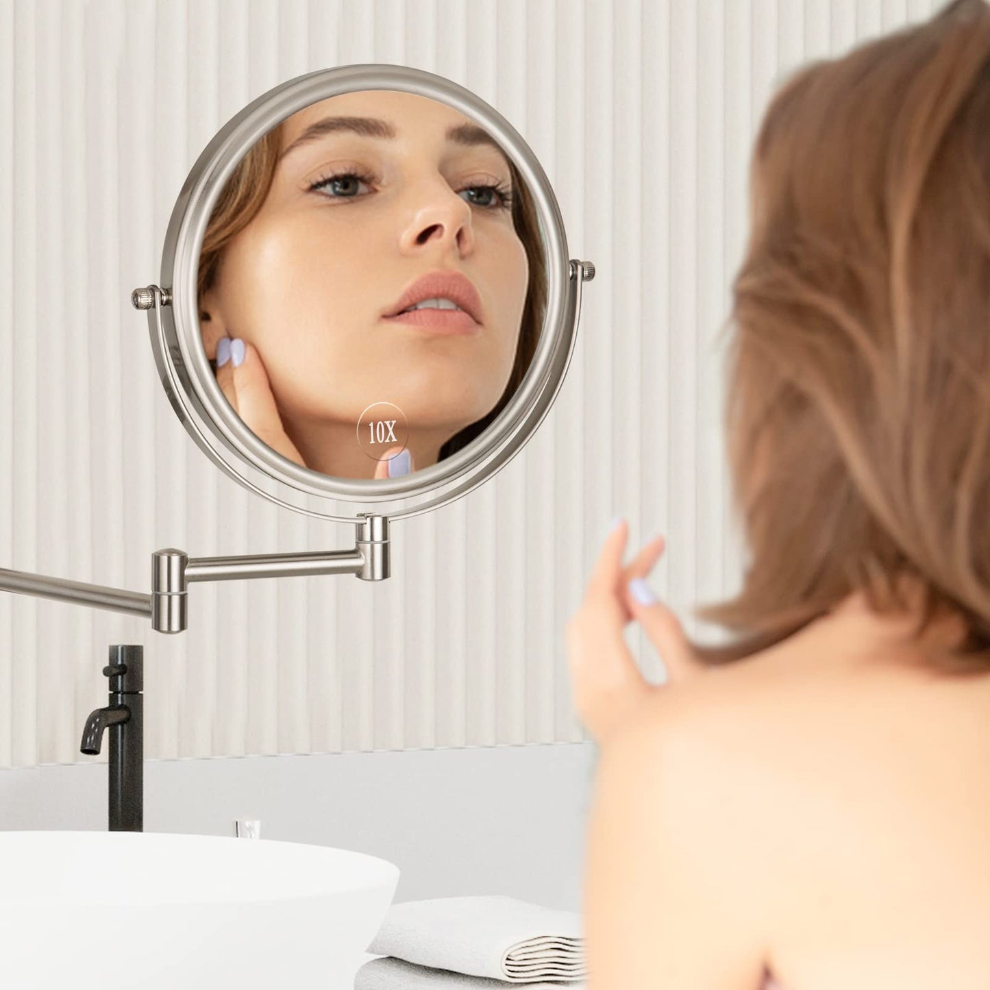 Wall Mounted Makeup Mirror - 1X/10X Magnifying Mirror Double Sided, 8 Inch Extendable Bathroom Mirror, Nickel Finish ALHAKIN
