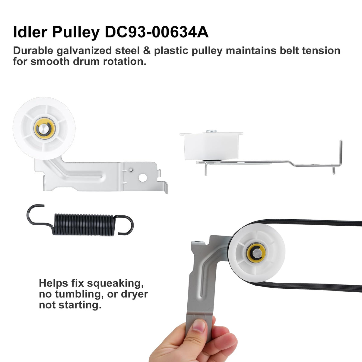 For Samsung Dryer Repair Kit Replacement DC97-16782A, Includes Drum Roller DC97-16782A, Idler Pulley DC93-00634A, Belt 6602-001655, Fits DV45H7000EW/A2 DV42H5000EW/A3 DV365GTBGWR/A3