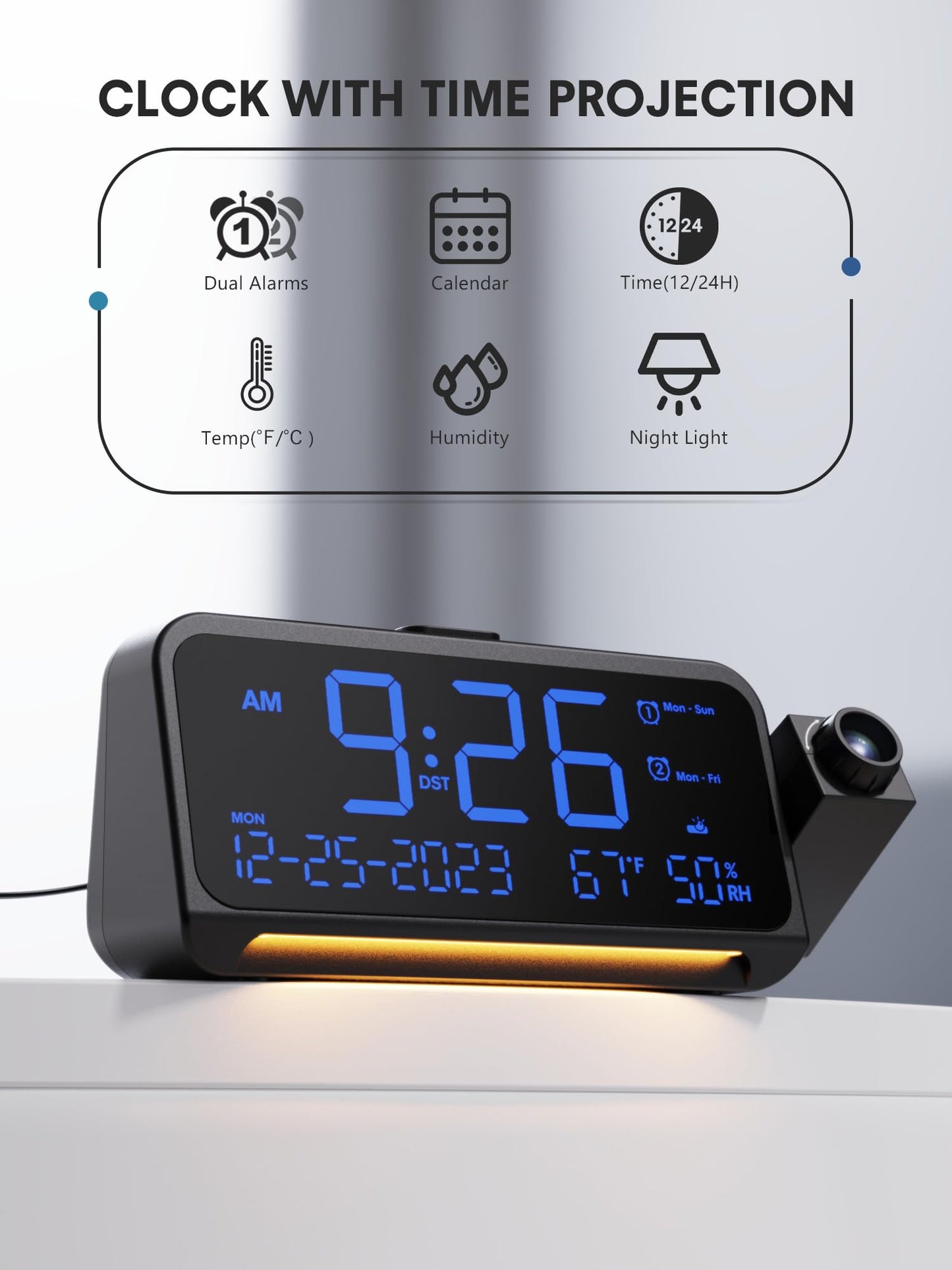 350° Rotatable Projection Alarm Clock, Dual Alarm and Nightlight, Adjustable Brightness and Volume, USB-A & Type-C Charging, 9mins Snooze,12/24H/DST, Digital Calendar Clocks for Bedrooms