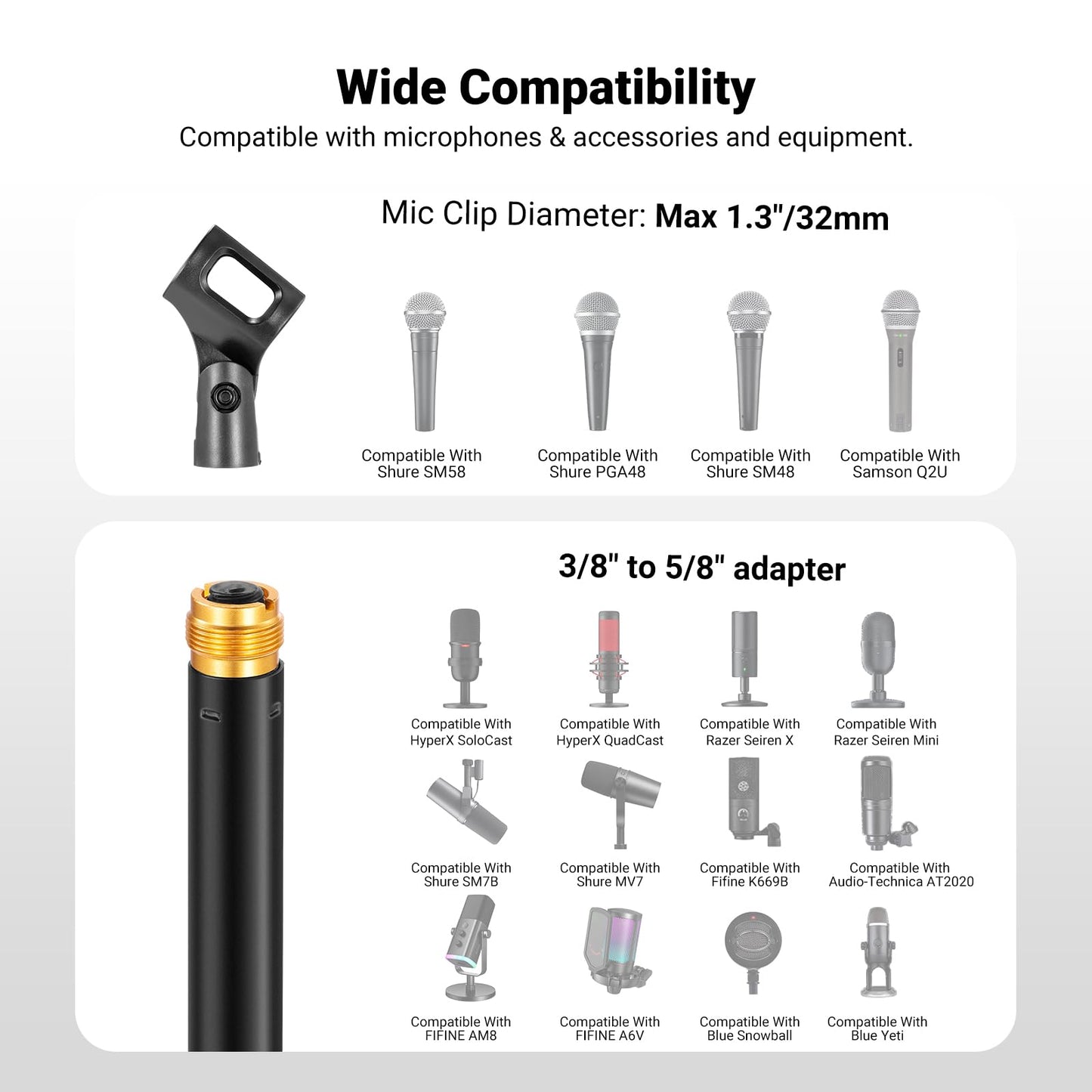 NEEWER Desk Microphone Stand, Adjustable Table Top Mic Holder Mount with Clip and 3/8" to 5/8" Adapter Compatible with Blue Yeti Snowball HyperX QuadCast SoloCast Shure, Max Load 3.3 lbs, MS015