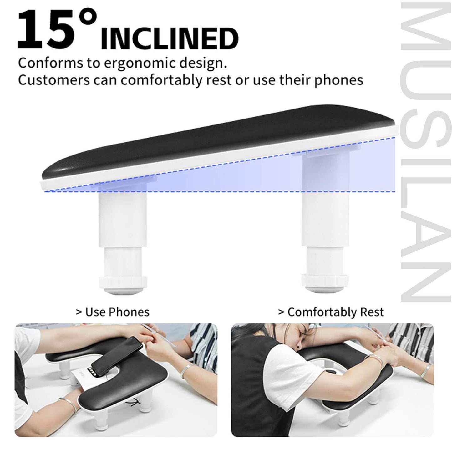 New Upgrade Height Adjustable Nail Arm Rest for Nails Tech - Ergonomic Slope Angle Hand Rest for Nails Tech Height Adjustable U-shaped Manicure Nail Arm Rest Stand White Big Armrest Microfiber PU Leather Hand Rest Pillow for Acrylic Nail Art Cushion (Blac