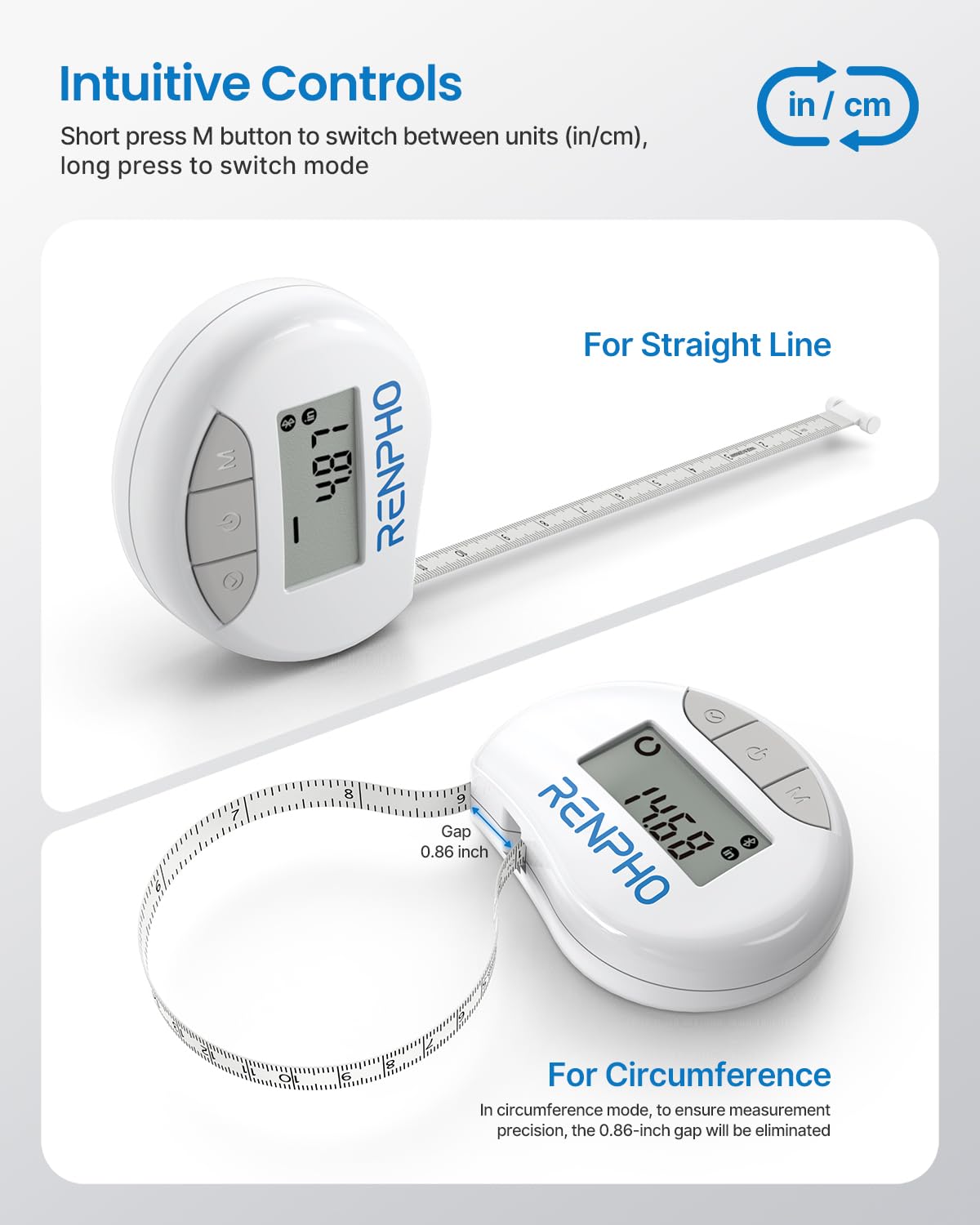 Smart Tape Measure RENPHO Bluetooth Measuring Tapes for Body Measurement Muscle Gain Fitness Bodybuilding Retractable Circumferences Inches & cm