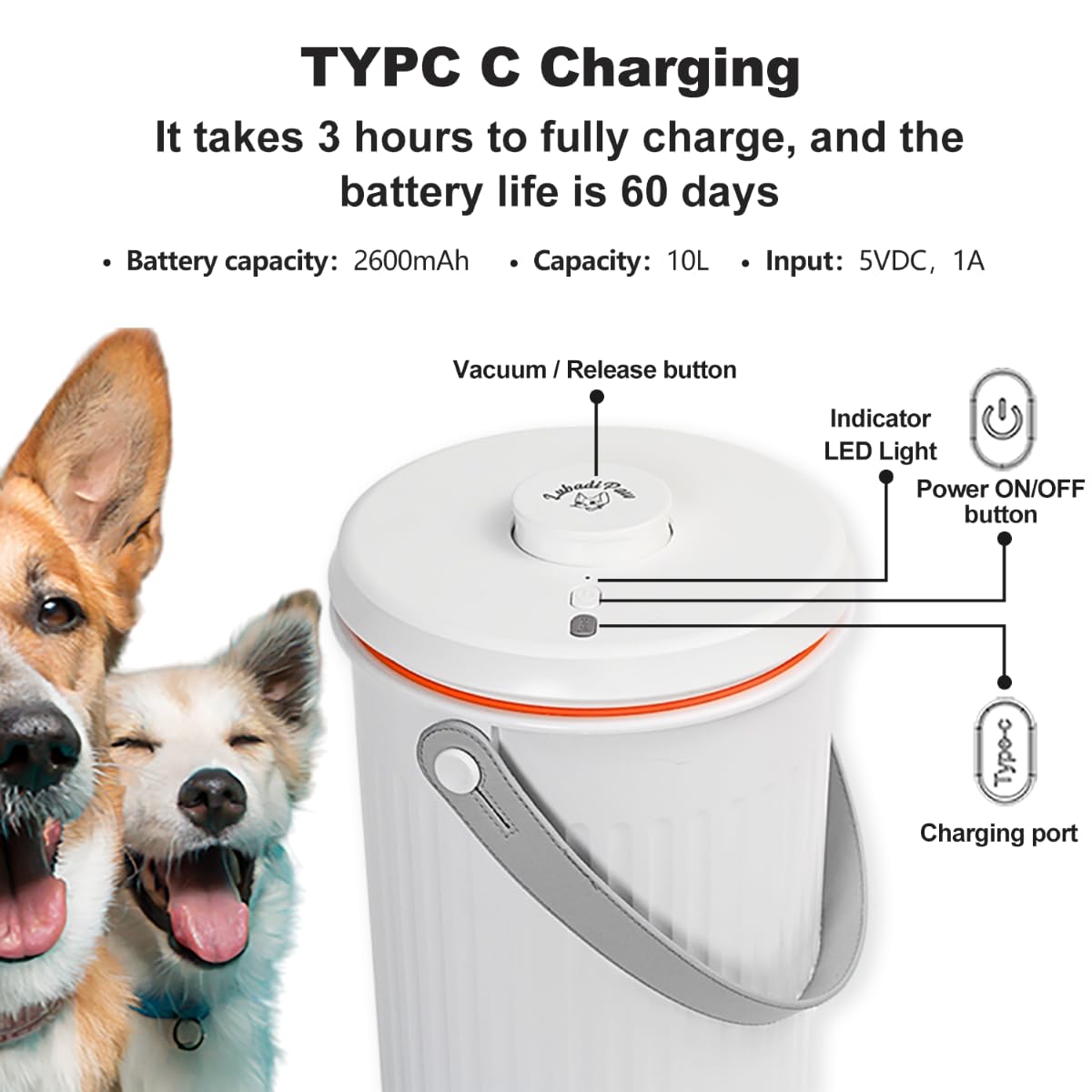 LubadiPaw Automatic Monitor Vacuum Airtight Dry Dog Food Storage Container, Travel Pet Food Storage Containers with Lids, Desk Cat Bin Good Containers 10L