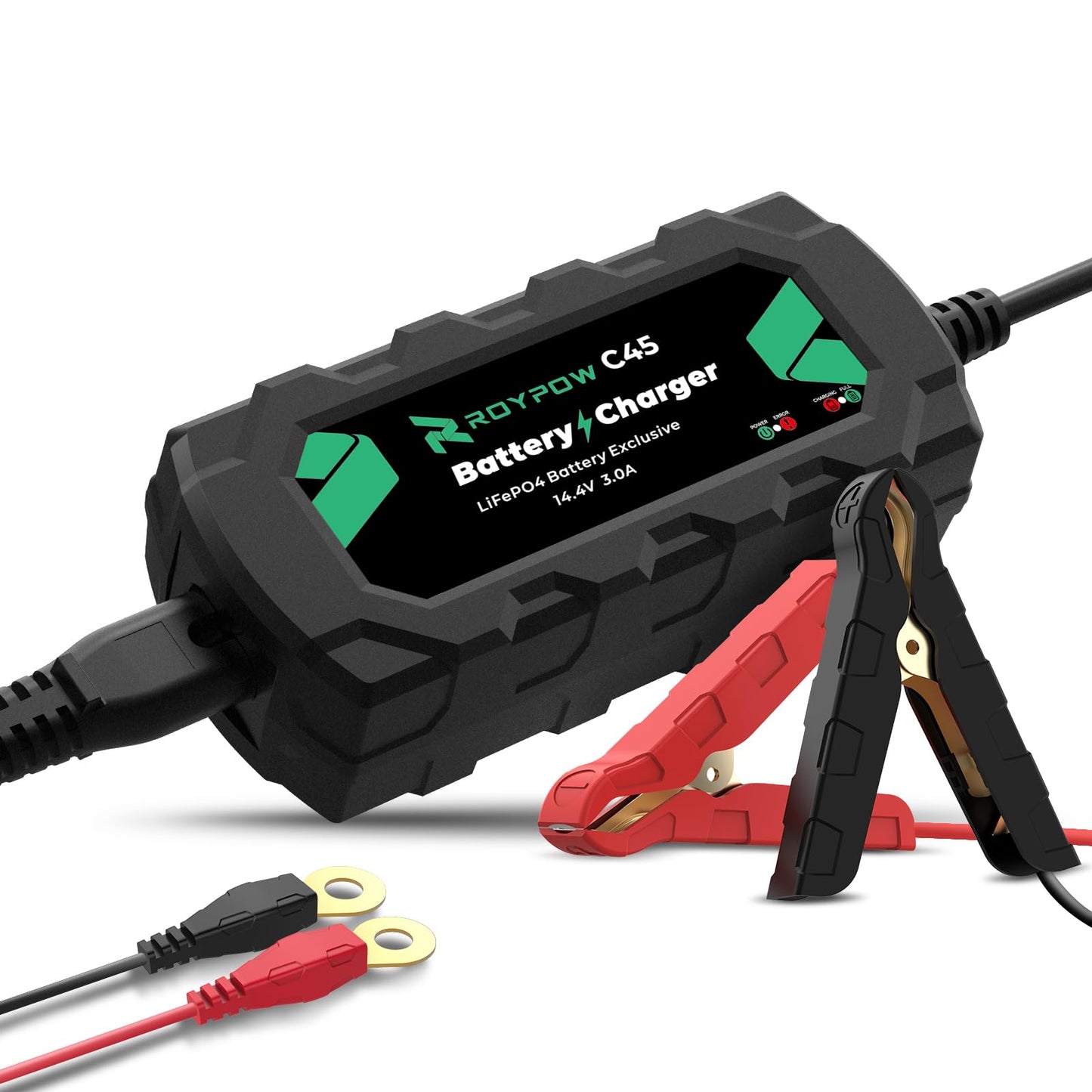 RoyPow 12V LiFePO4 Battery Charger, 14.4V 3Amp Automatic Trickle Battery Charger, 12V Lithium Battery Charger, 3A Battery Maintainer for 12.8V LiFePO4 Battery with Alligator Clamp and Ring Terminal