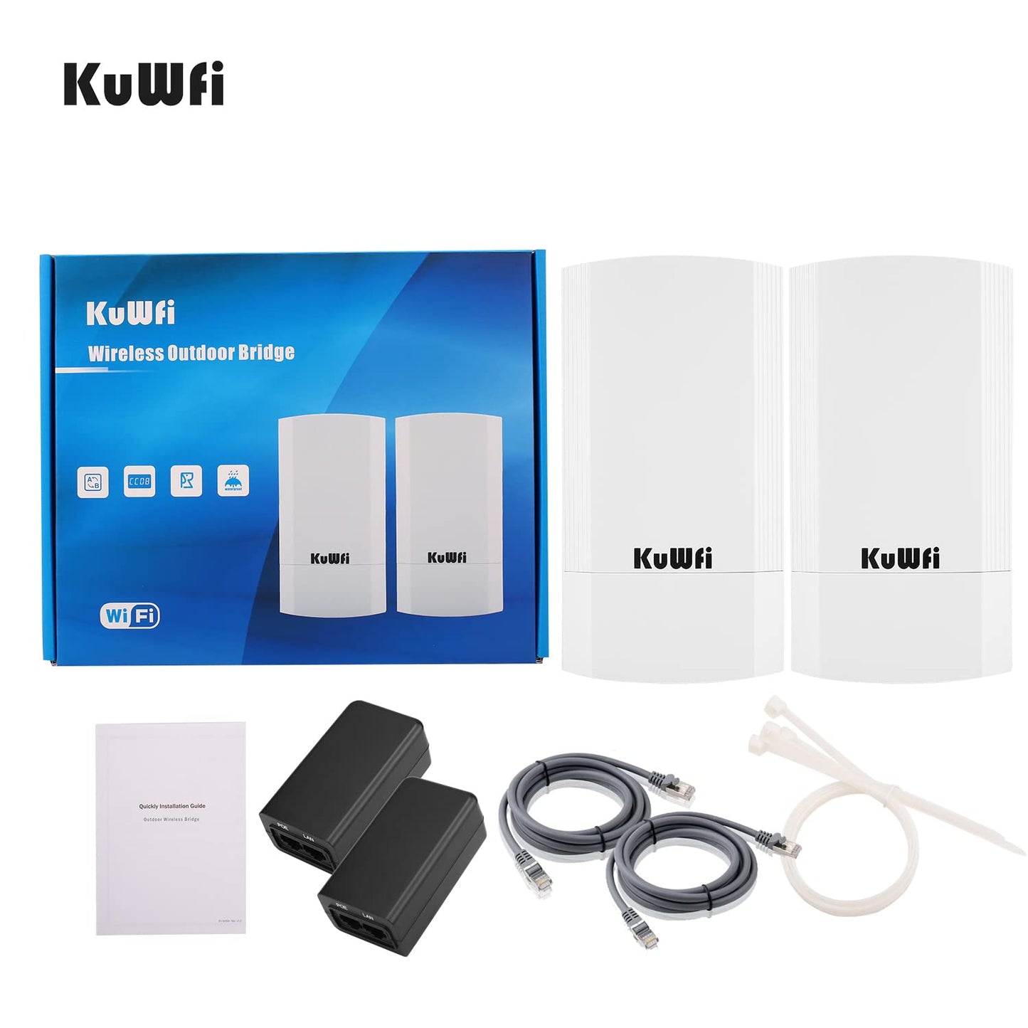 KuWFi 2-Pack Wireless Ethernet Bridge, 900Mbps Long Range WiFi Access Point 5.8G Outdoor AP CPE Kit IP65 Waterproof WiFi Bridge Point to Point Support PTP/PTMP(Pre-Program)
