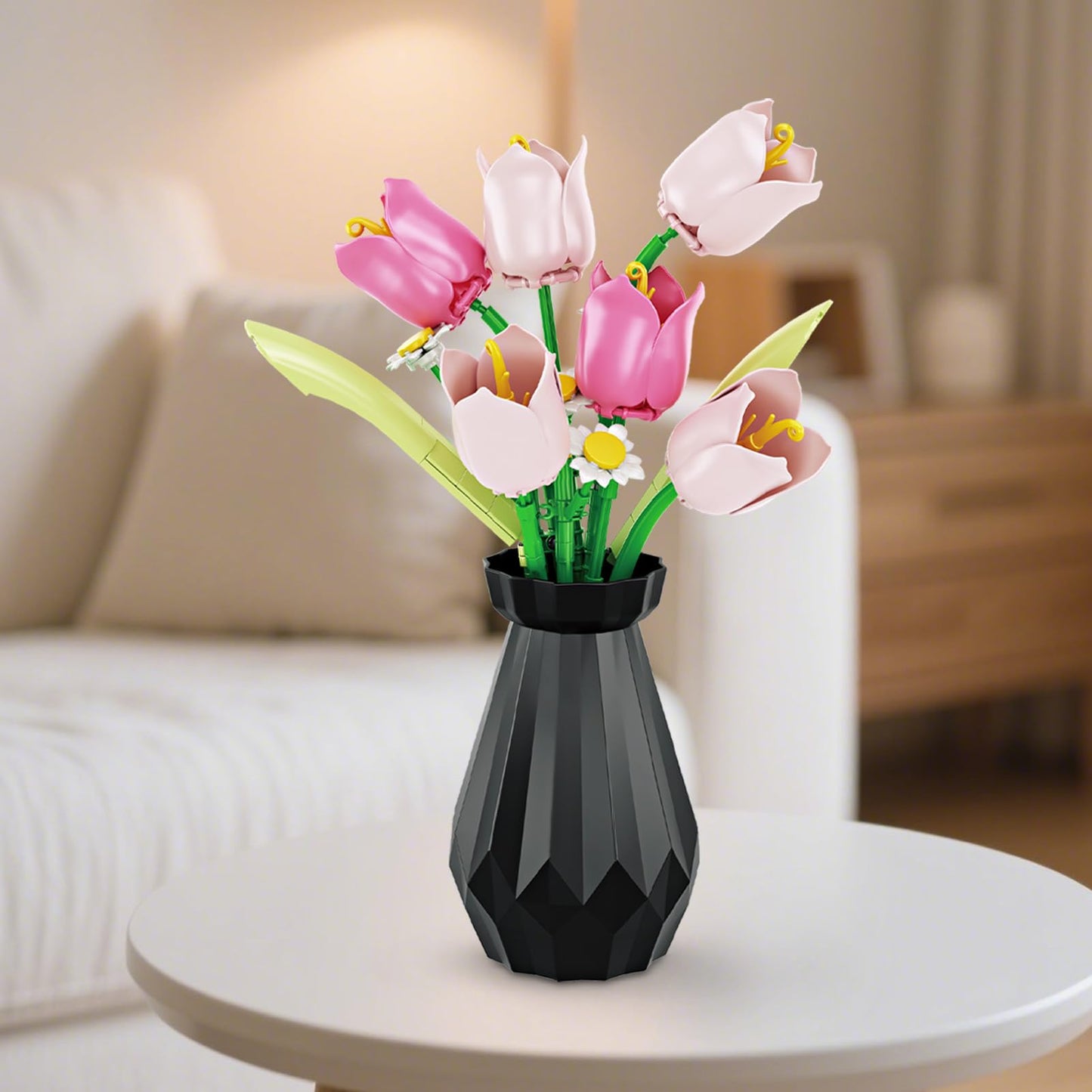 Flower Bouquet Building Sets, Tulips Botanical Collection, DIY Artificial Flower with vase for Adults Women Girl Kids, Pink Chrismas Home Decor Gifts for Mother's Day, Birthday, Easter(223 pcs)