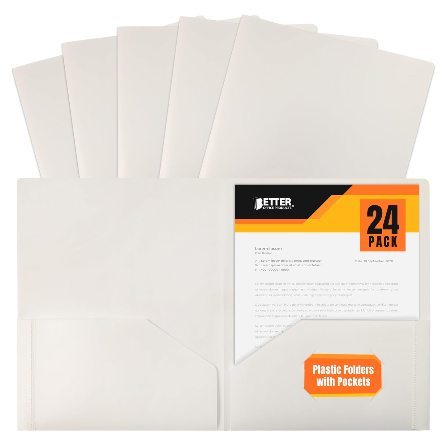 Heavyweight White Plastic 2 Pocket Portfolio Folder, 24 Pack, Letter Size Poly Folders by Better Office Products, 24 Pack, White