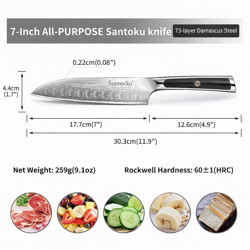 Sunnecko 7-Inch Santoku Knife with VG-10 Core, 72-Layer Damascus Steel Chef Knife, 15° Precision Edge, Full Tang Kitchen Knife with G10 Handle